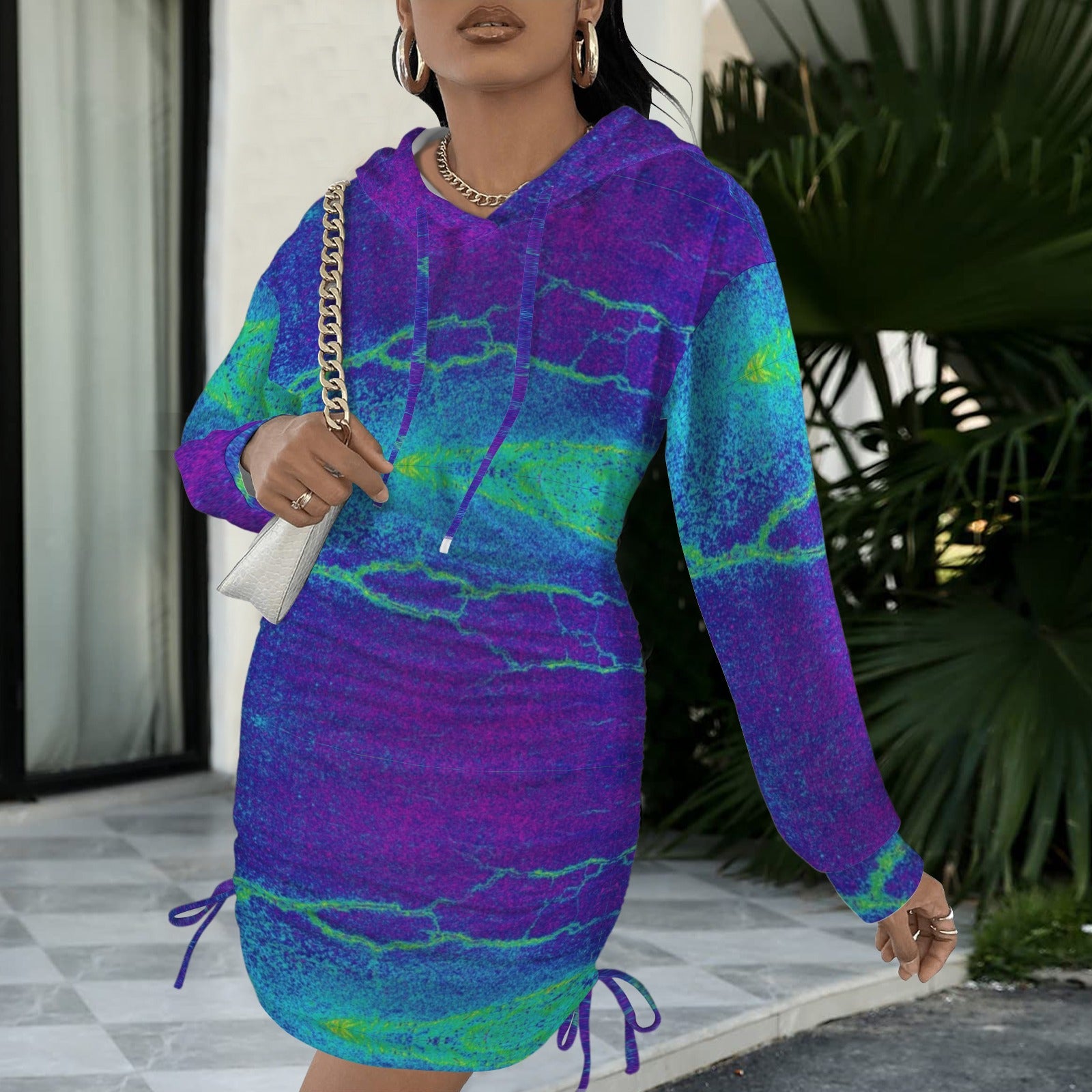 Trippy Blue and Purple Gothic Style Hoodie Dress