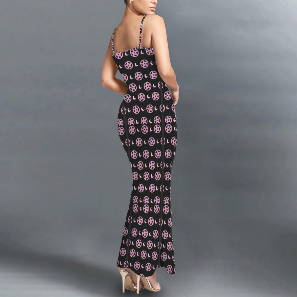 Gothic pentagram print long sleevless slip maxi dress