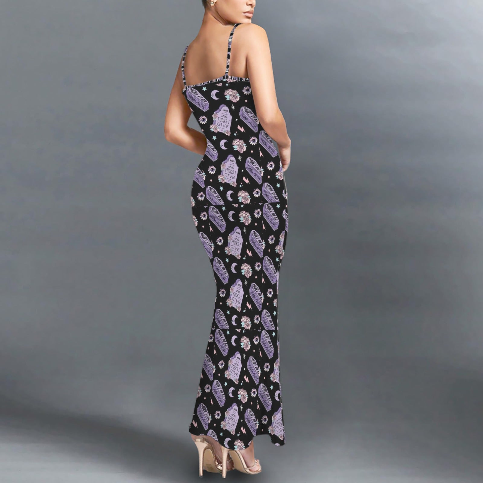 Gothic more dead print long sleevless slip maxi dress