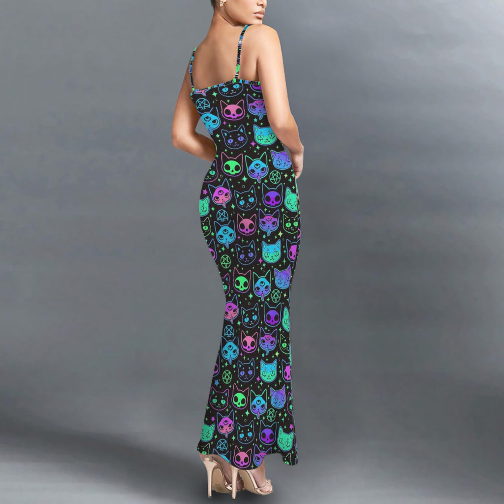 Gothic neon cat skull print long sleevless slip maxi dress