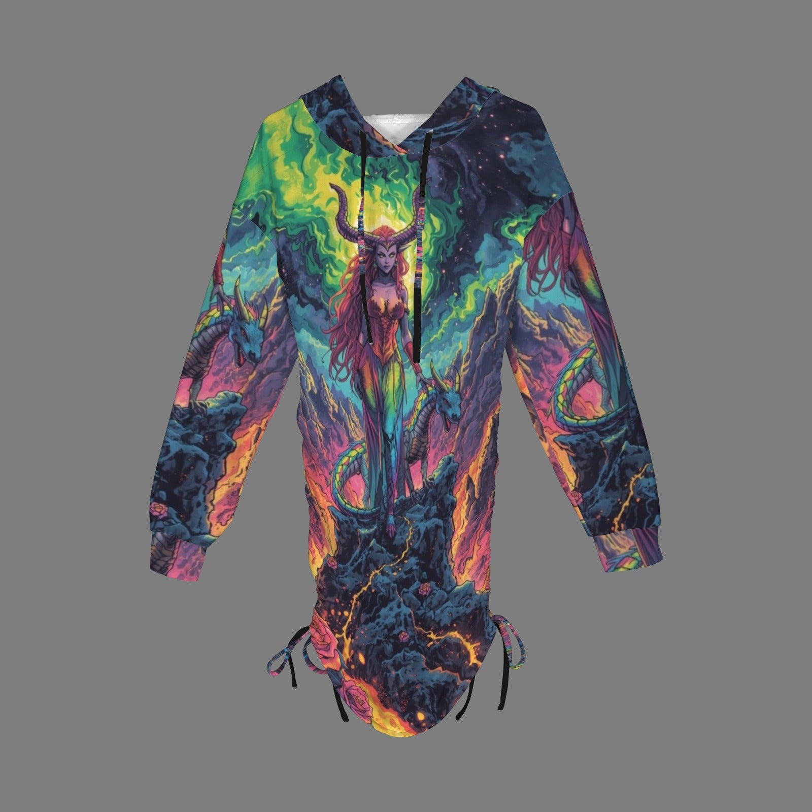 Trippy Rainbow Dragon Goddess Gothic Style Hoodie Dress 4