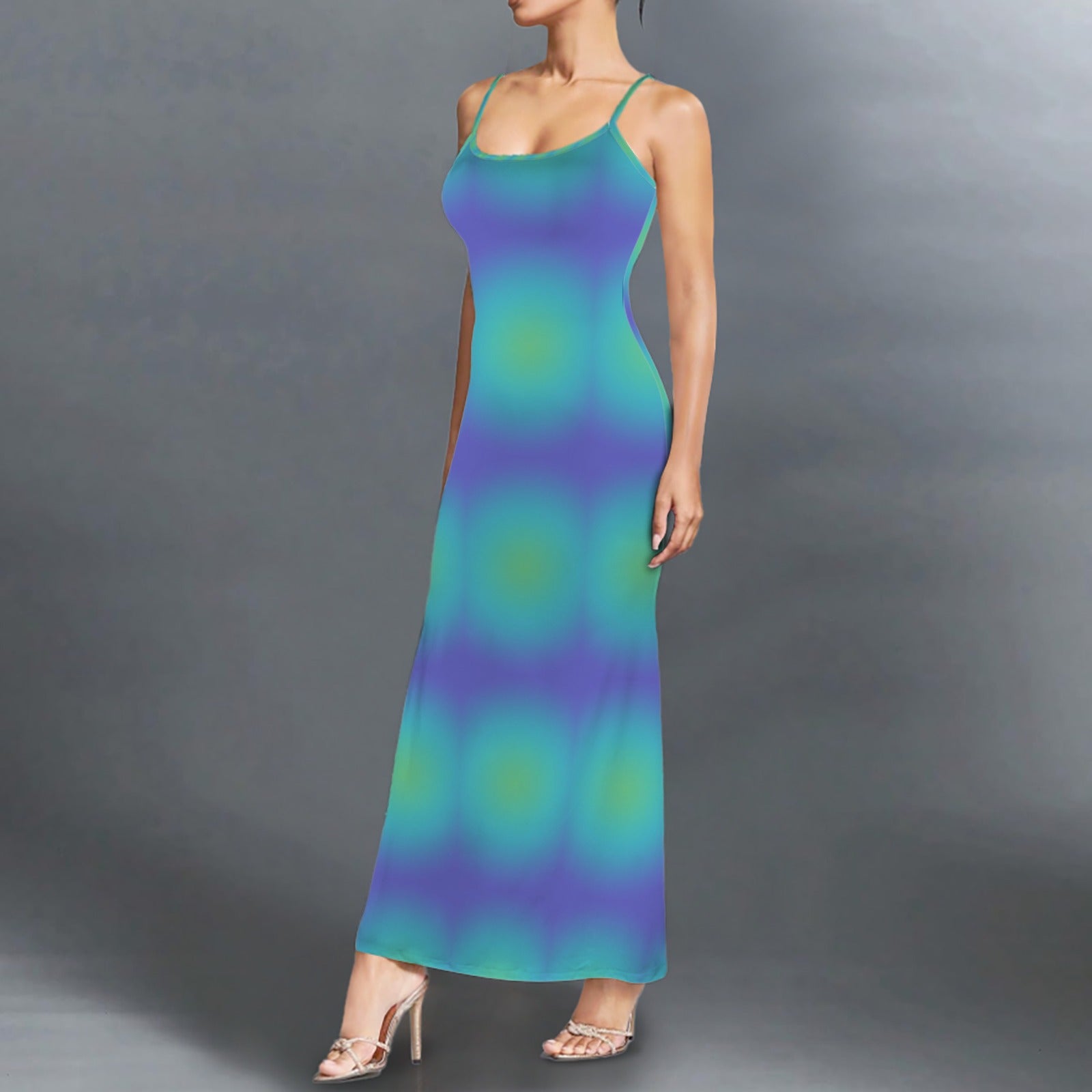 Colorful Trippy neon gradient print long sleevless slip maxi dress