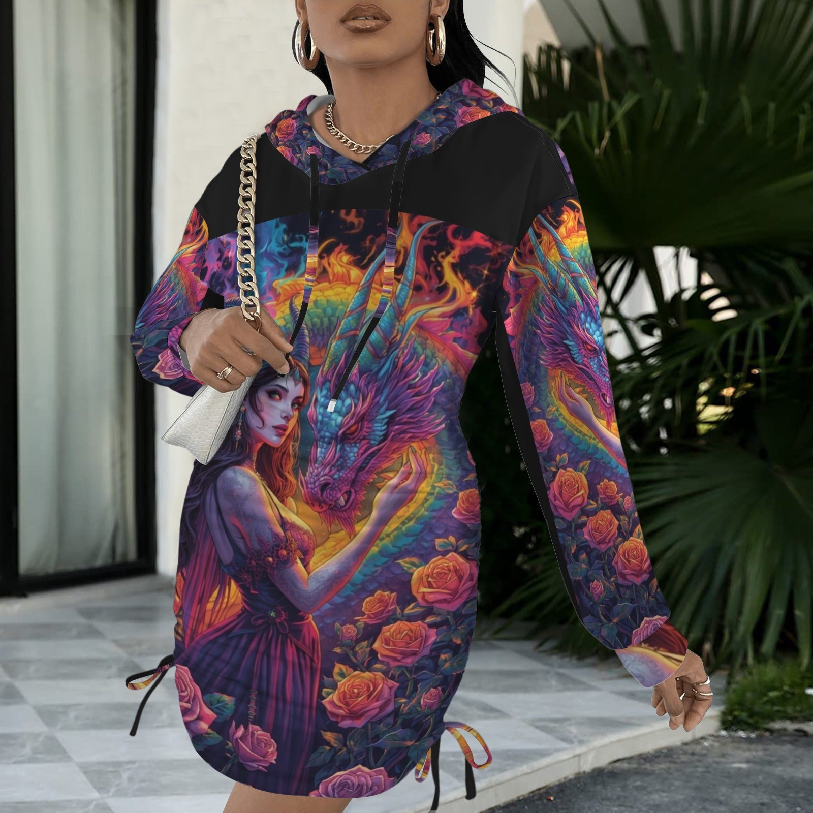 Trippy Rainbow Dragon Goddess Gothic Style Hoodie Dress 11