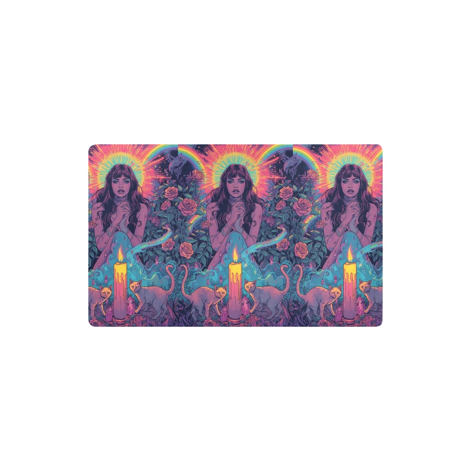 “Ultra‑detailed hyper‑saturated rainbow illustration of Lilith with two glowing cats prowling at her feet in a candlelit enchanted garden, rainbow roses exploding in color, floating neon rainbow crystals, rain (12)