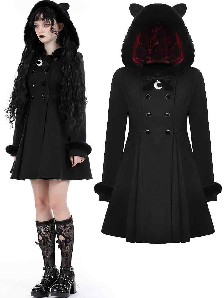 Gothic Dark Cat Ear Black Hooded Coat - Night Bloom Digital Empire Studios