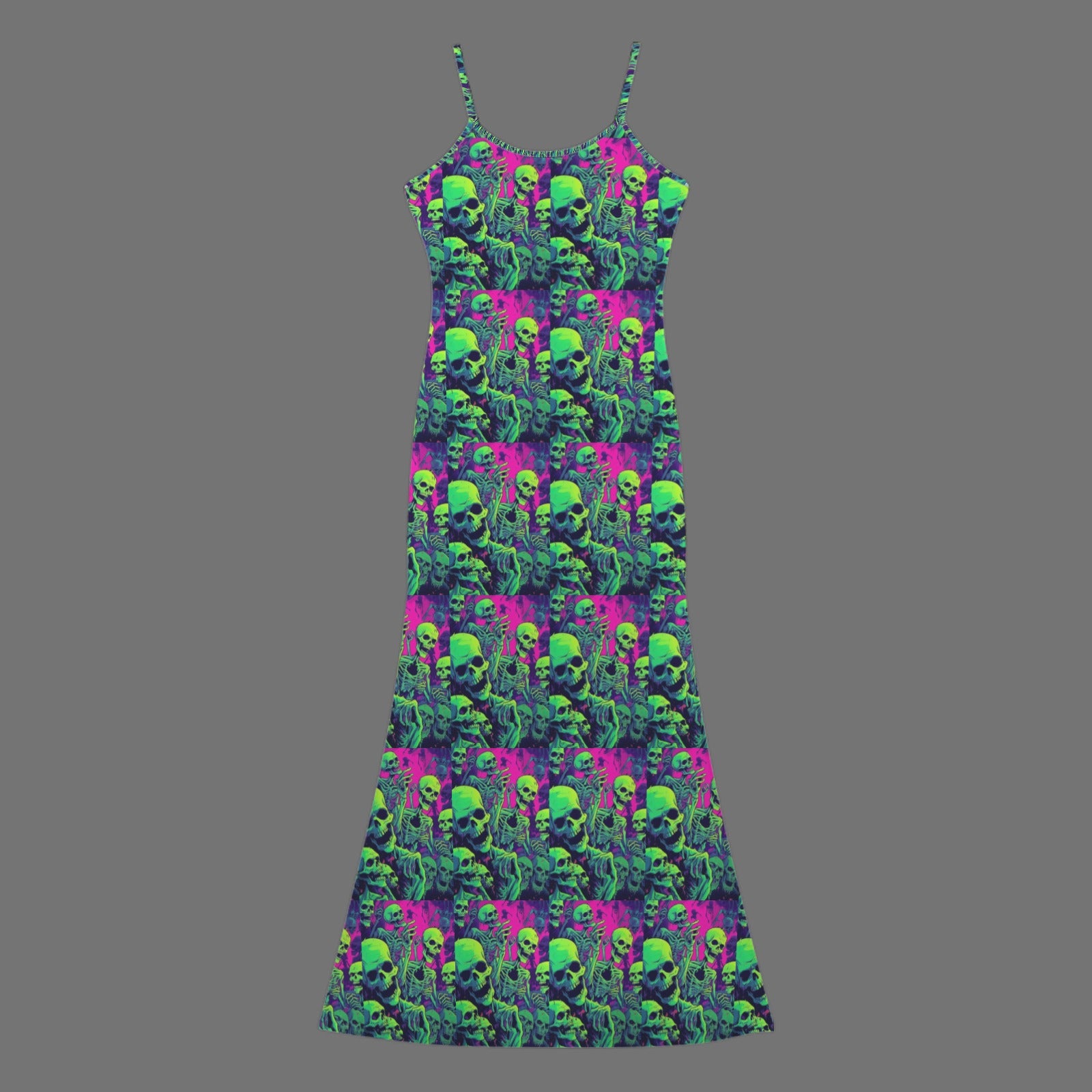 Gothic neon skull print long sleevless slip maxi dress