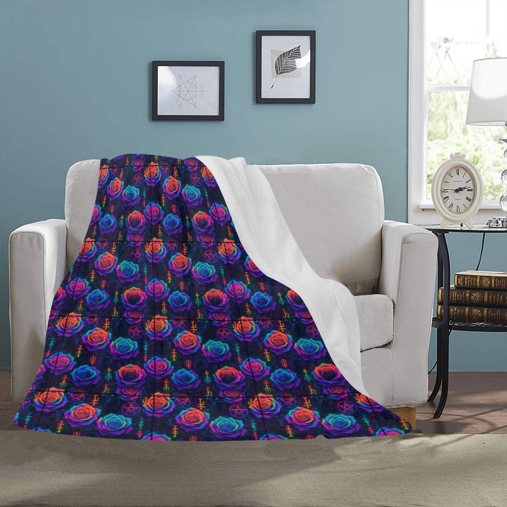 SSeamless repeating textile pattern, tessellated grid layout, rainbow tie-dye gradient roses layered