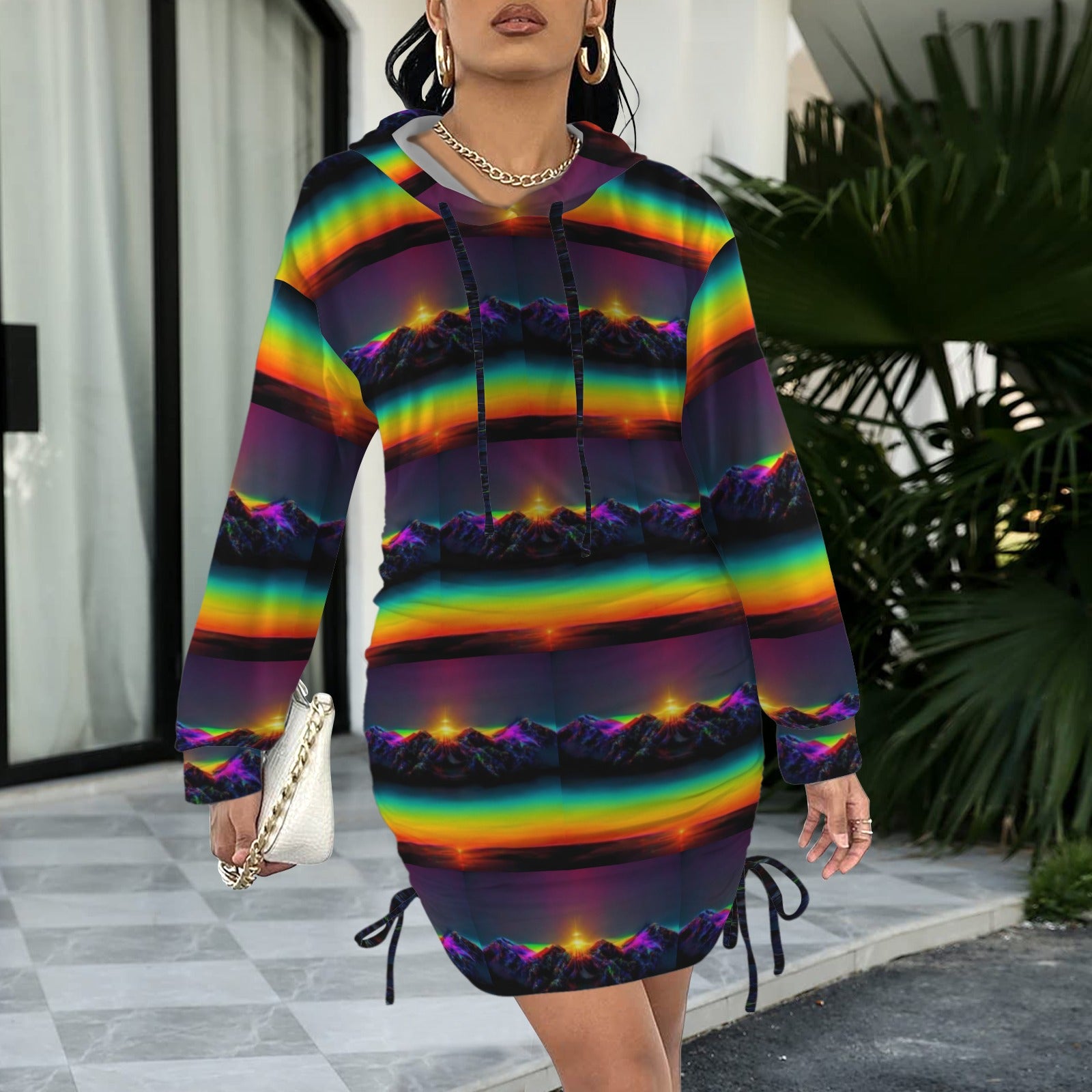 Trippy Rainbow Mountains Gothic Style Hoodie Dress
