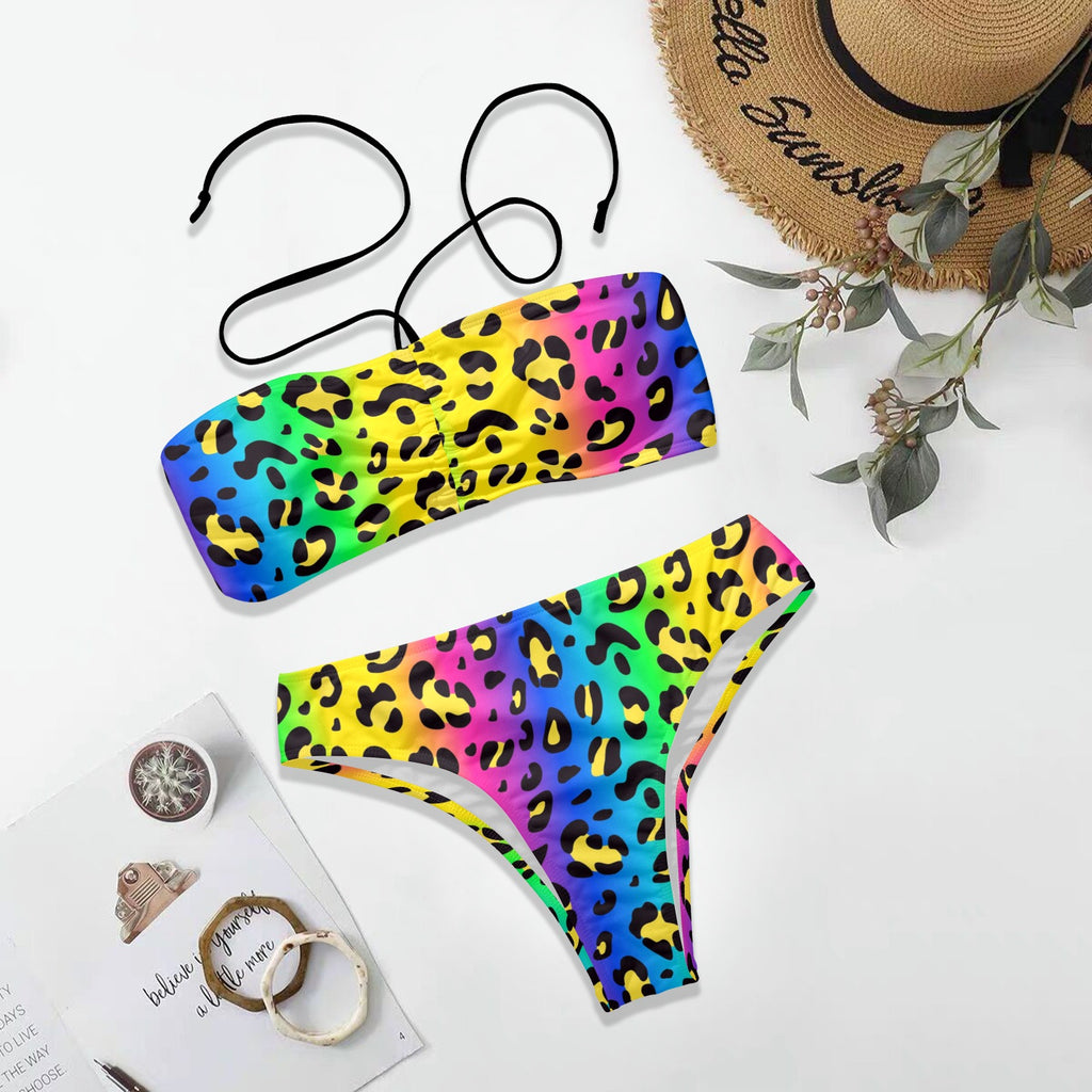 Women's Rainbow Leopard Print Colorful Halterneck Tube Top Backless Bikini Set - Night Bloom Digital Empire Studios