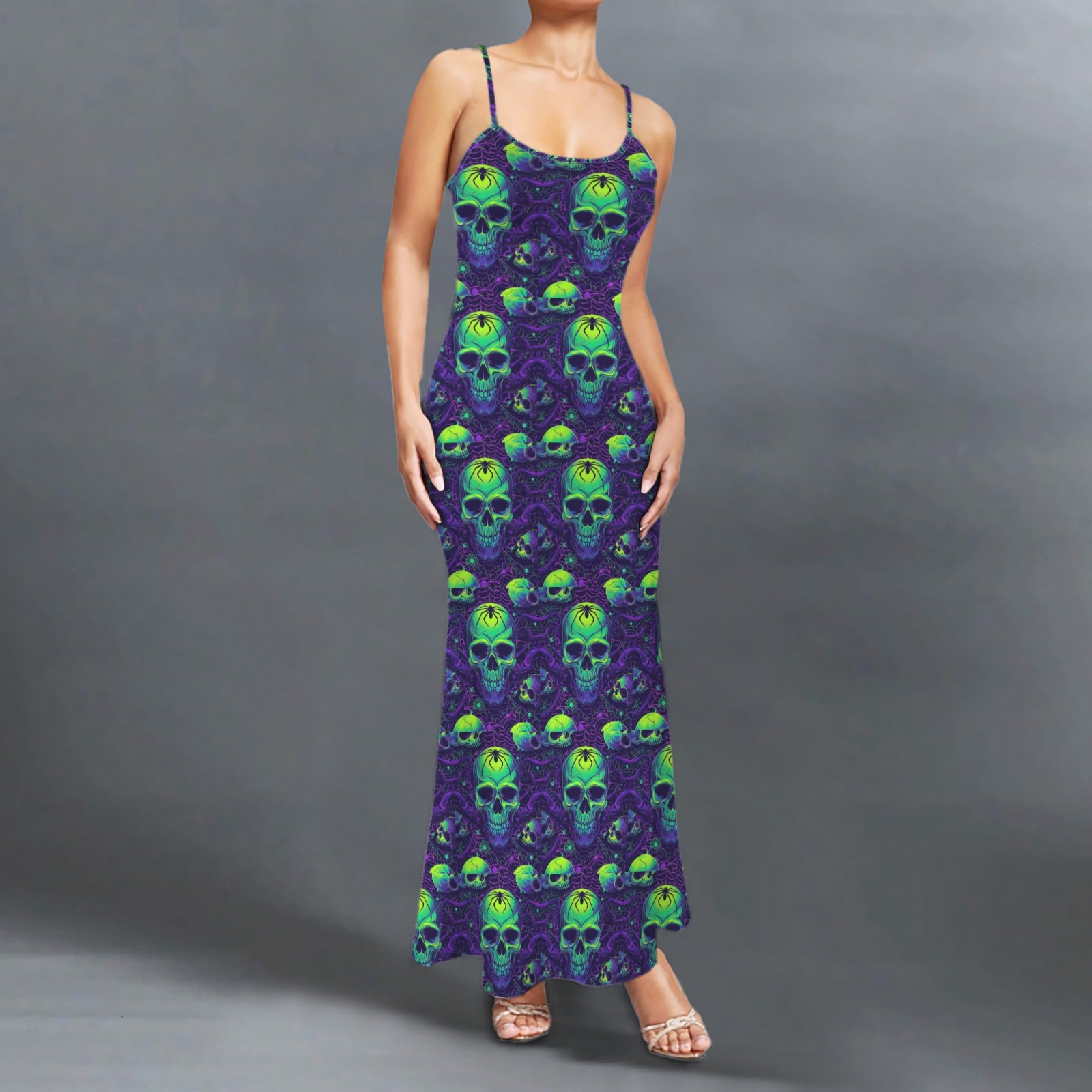 Gothic neon skull print long sleevless slip maxi dress