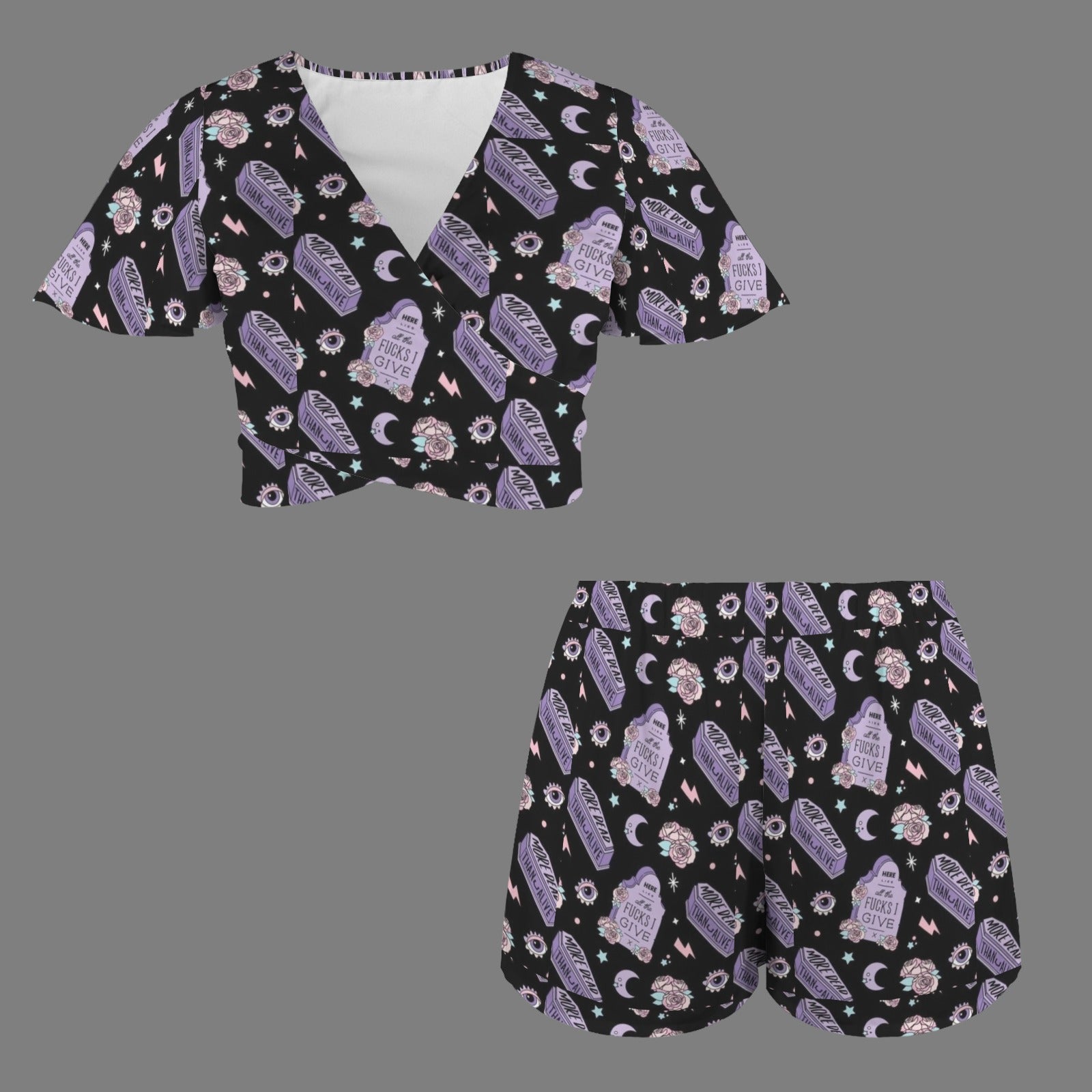Gothic More Dead Print 2 Peice Shorts Outfit Set