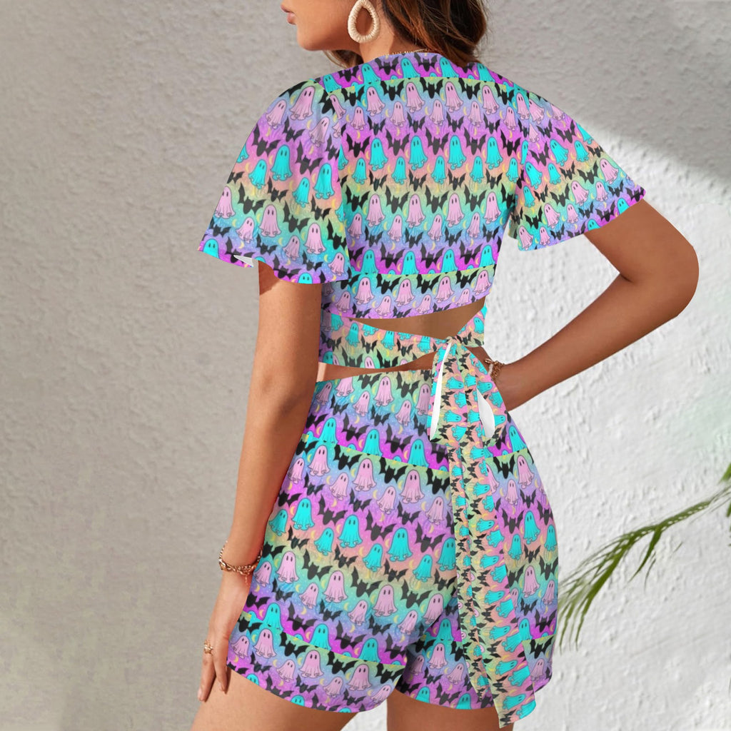Cute Gothic Bats and Ghosts 2 Peice Shorts Outfit Set