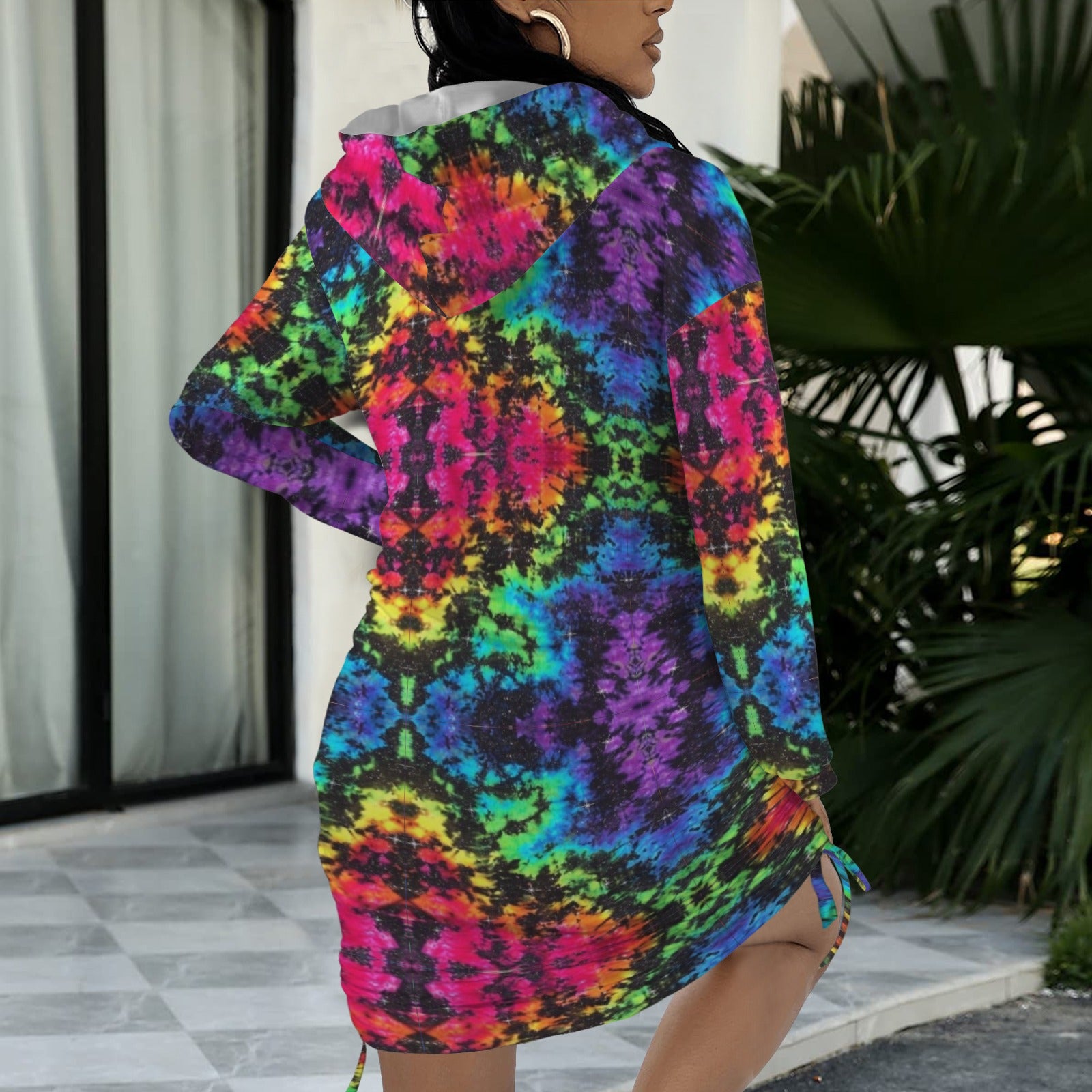 Neon Rainbow Tie-Dye Gothic Style Hoodie Dress