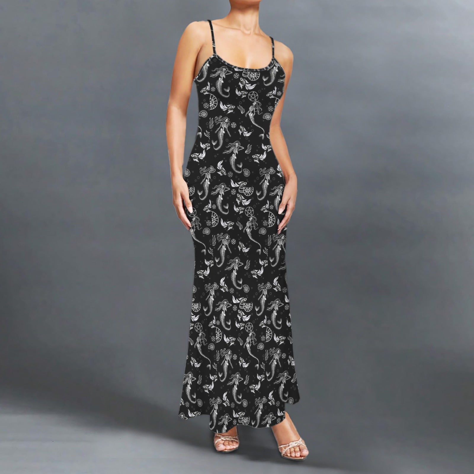 Gothicmermaid skreletons print long sleevless slip maxi dress