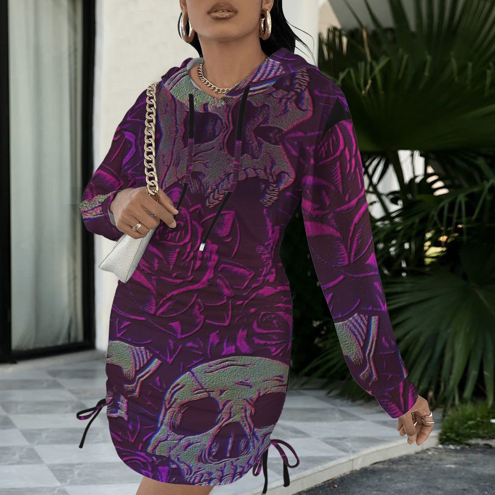 Purple Dark Roses and Skull Gothic Style Hoodie Dress