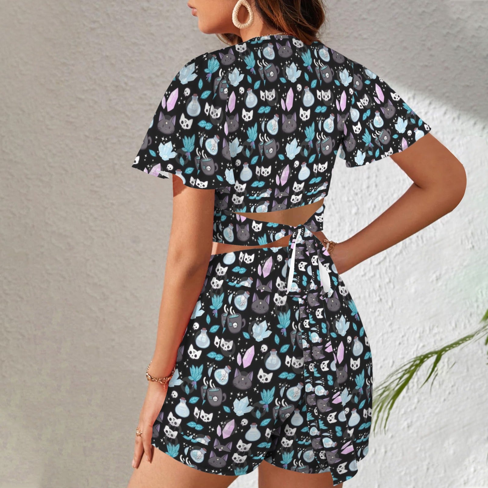Gothic Cat and Crystal Two Peice Short Outfit Set