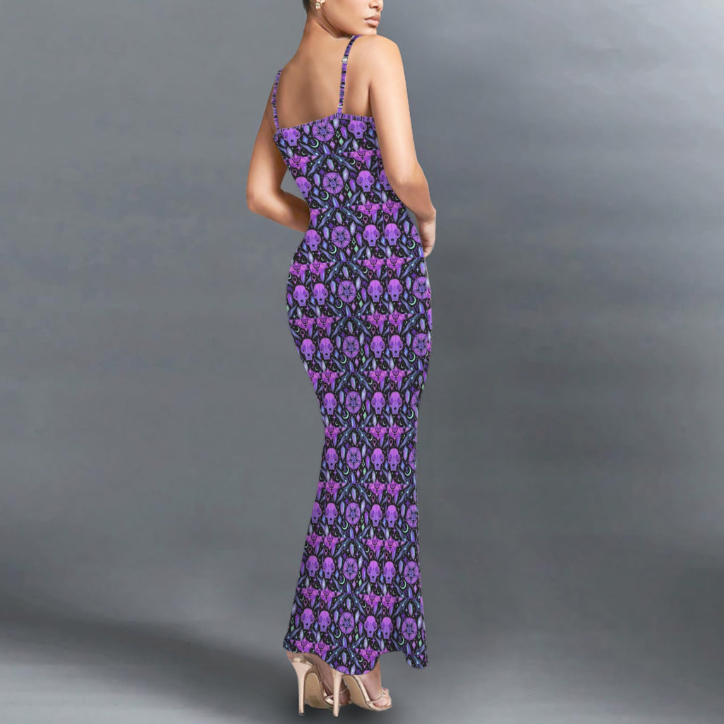 Gothic neon cat skull print long sleevless slip maxi dress