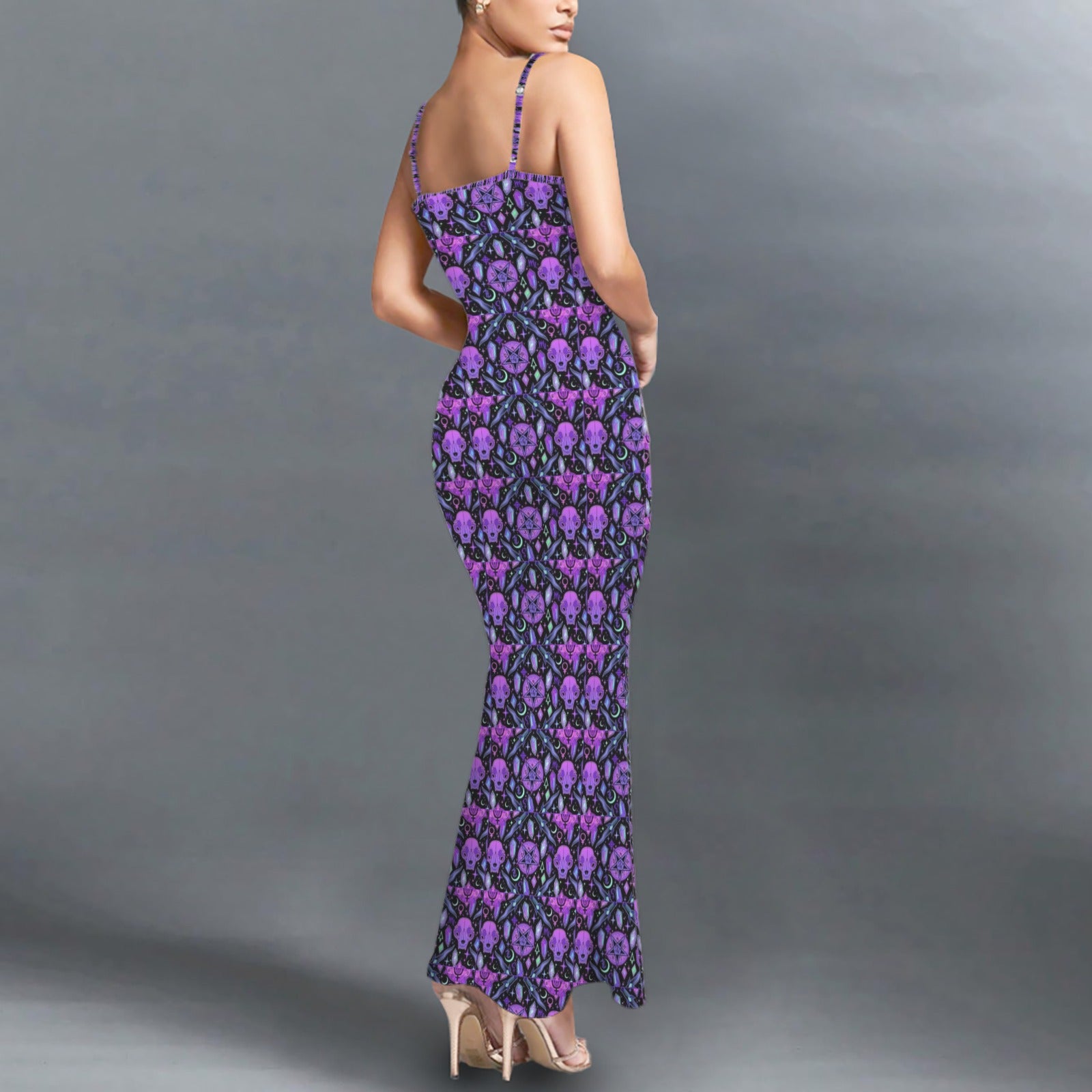 Gothic neon cat skull print long sleevless slip maxi dress