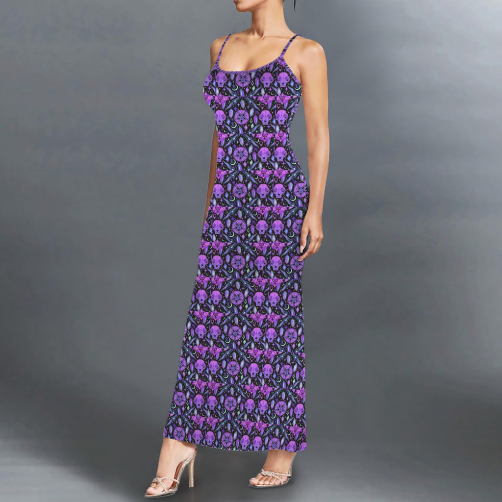 Gothic neon cat skull print long sleevless slip maxi dress