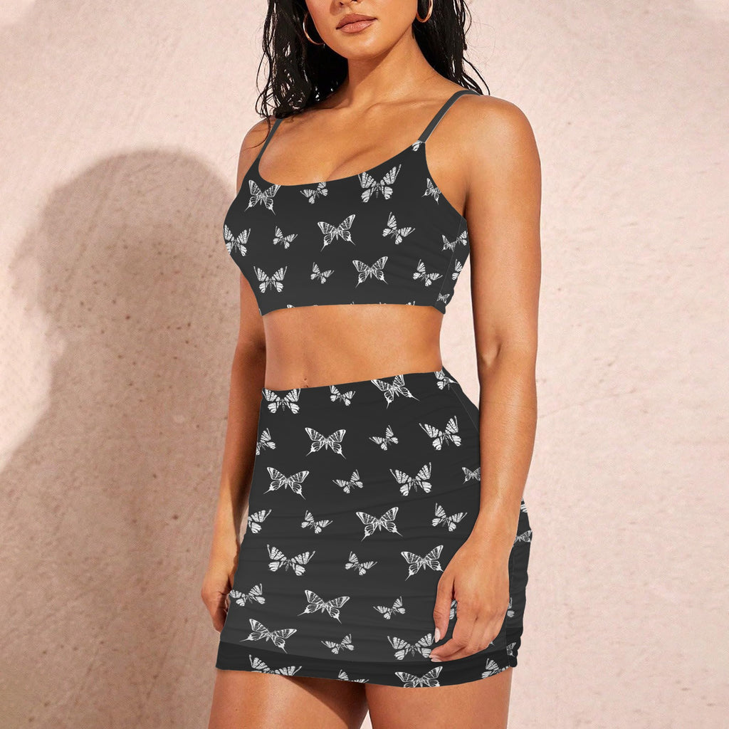 Women's Butterfly Print Cami Top & Ruched Bodycon Skirt Set - Night Bloom Digital Empire Studios