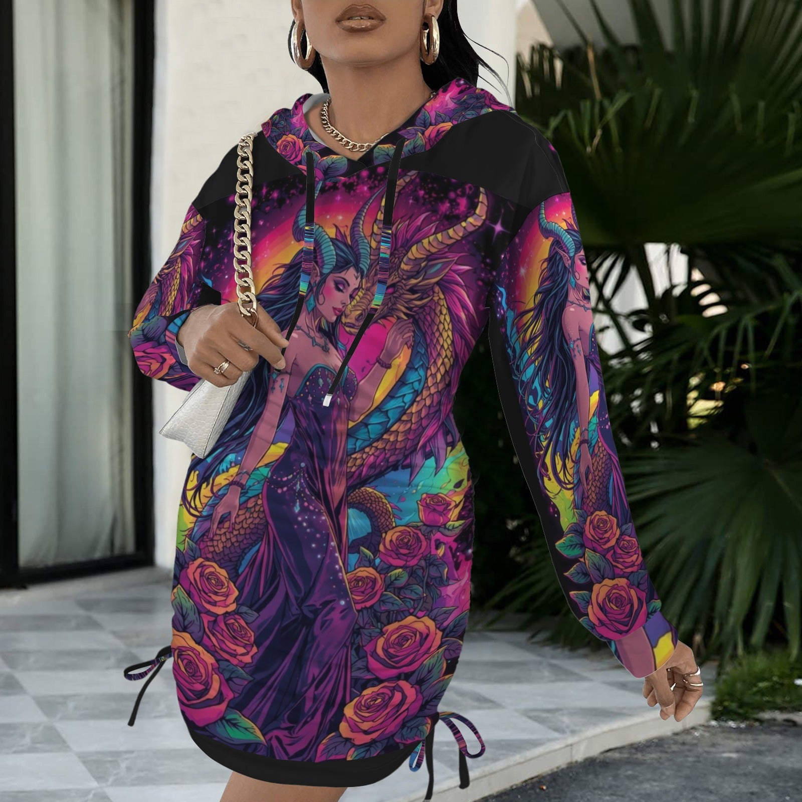 Trippy Rainbow Dragon Goddess Gothic Style Hoodie Dress 9