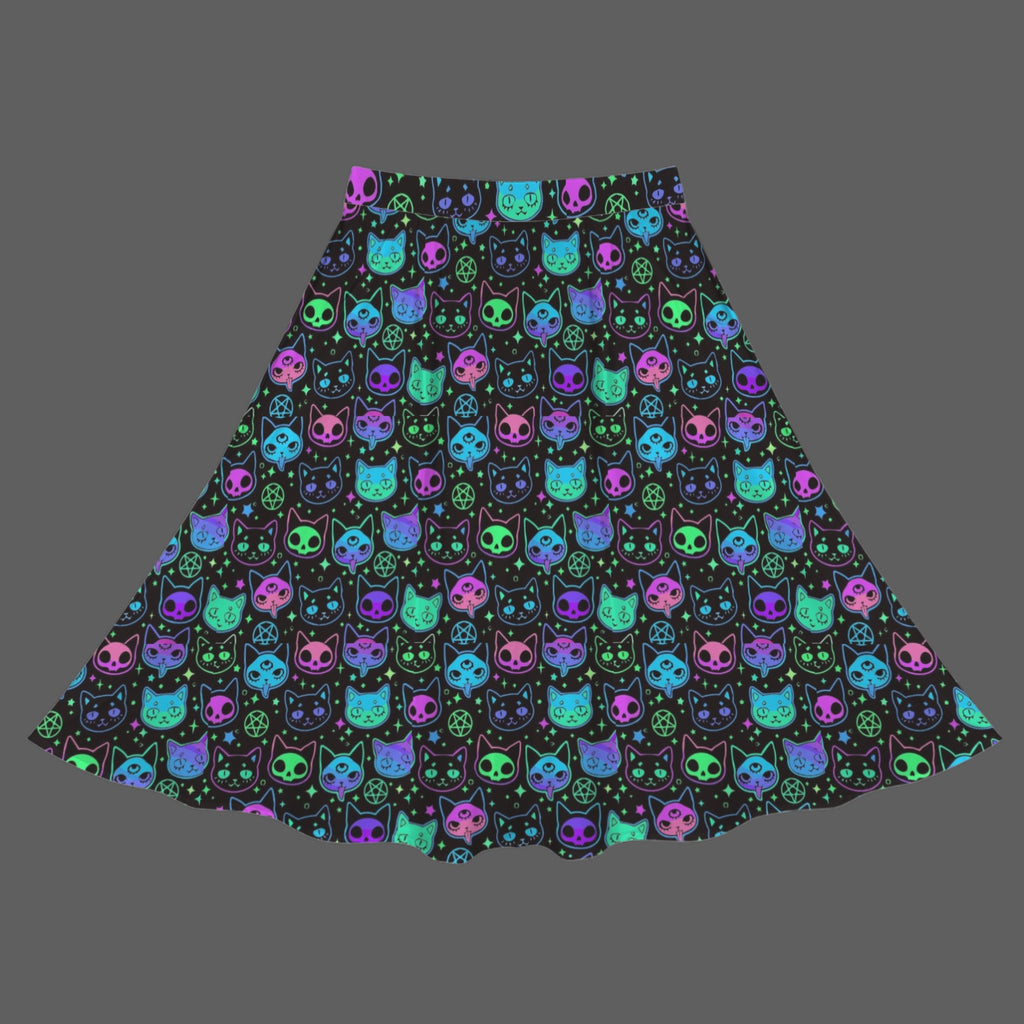 Gothic Kitty Skull Cat Witch Print Cotton Maxi Skirt