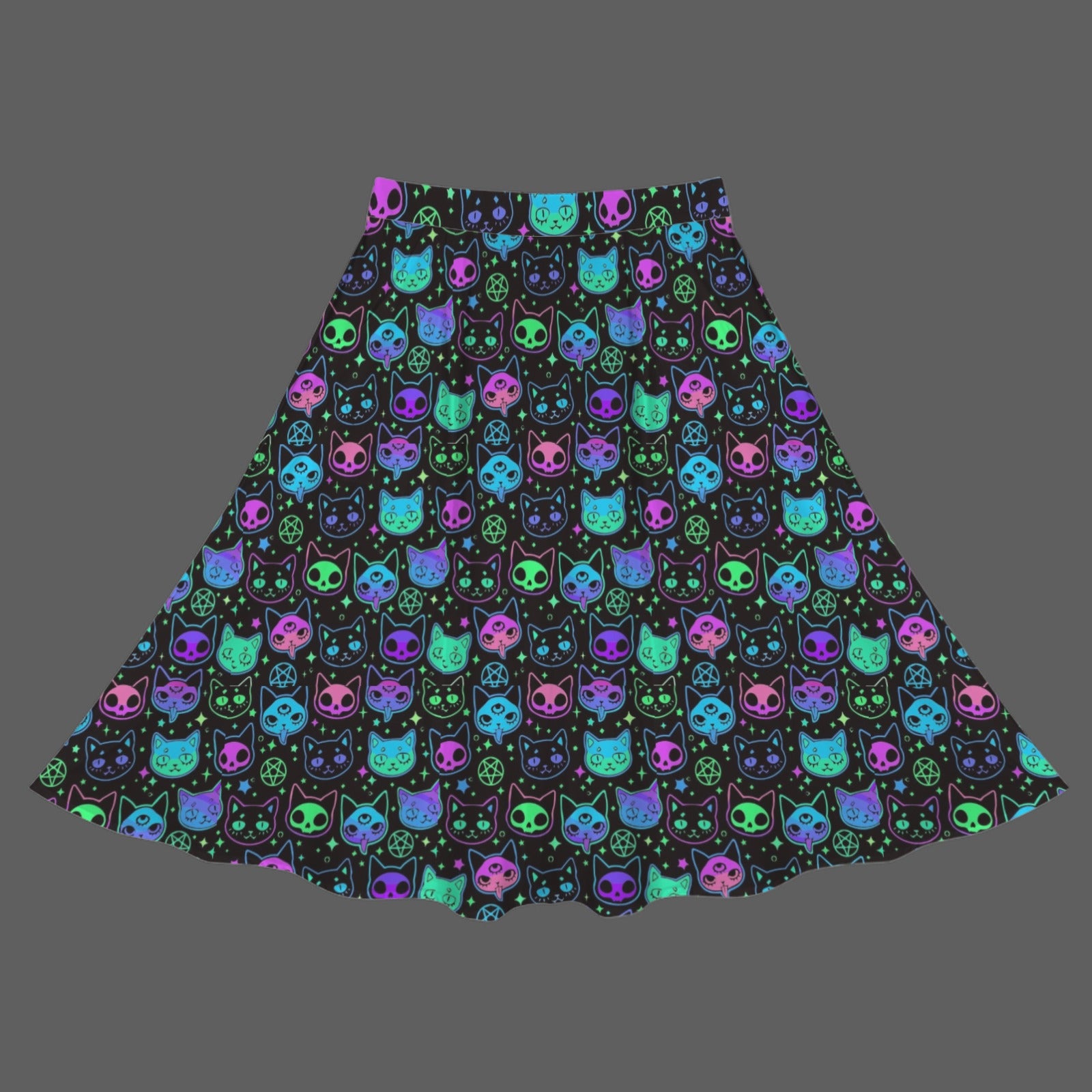 Gothic Kitty Skull Cat Witch Print Cotton Maxi Skirt