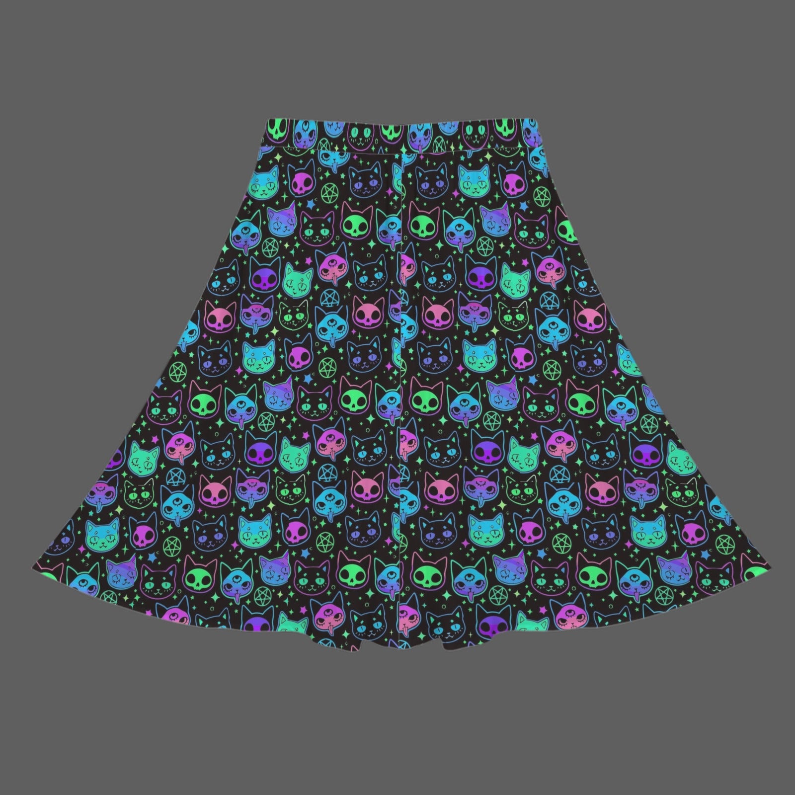 Gothic Kitty Skull Cat Witch Print Cotton Maxi Skirt