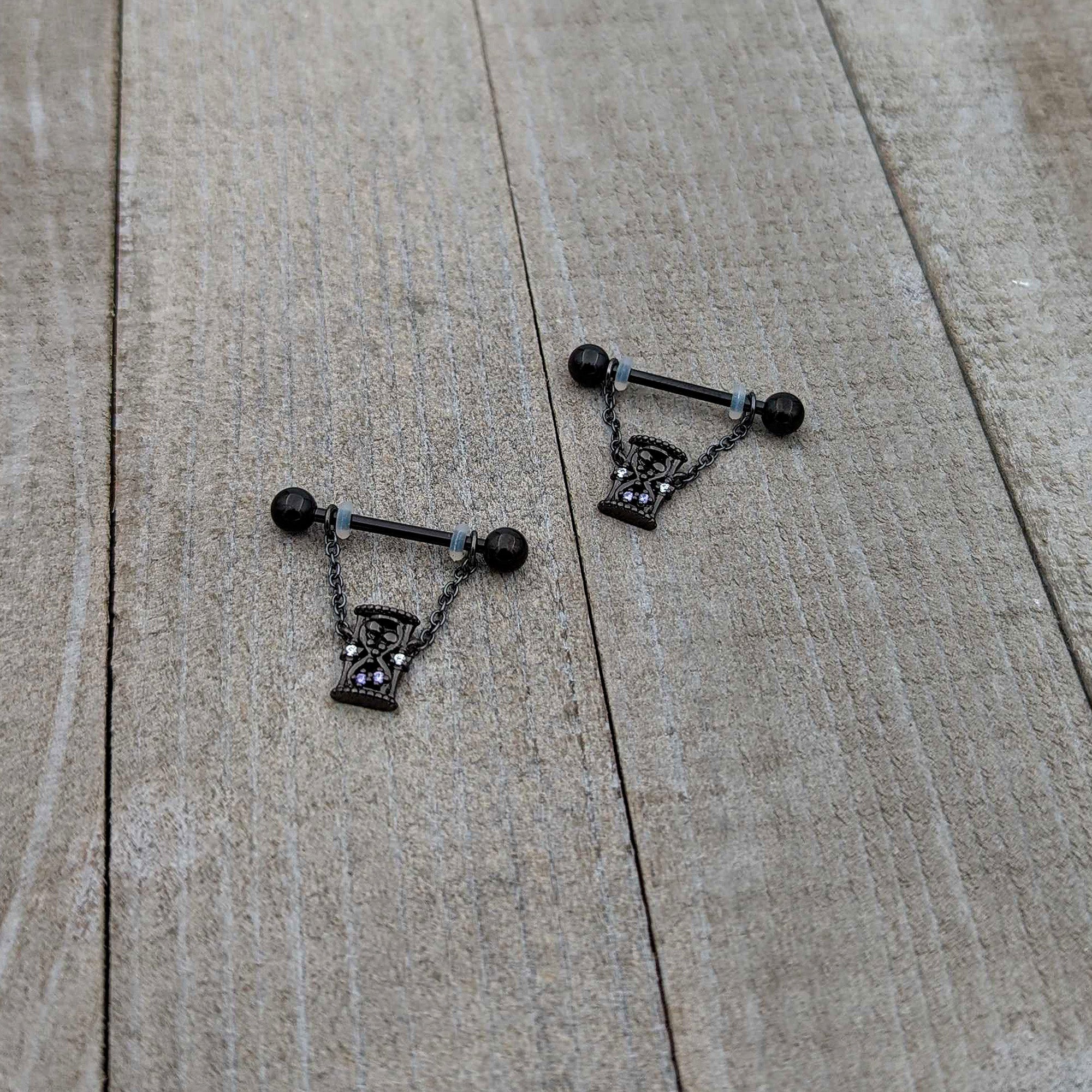 Purple Gem Goth Hourglass Nipple Ring Set14G 5/8 - Night Bloom Digital Empire Studios