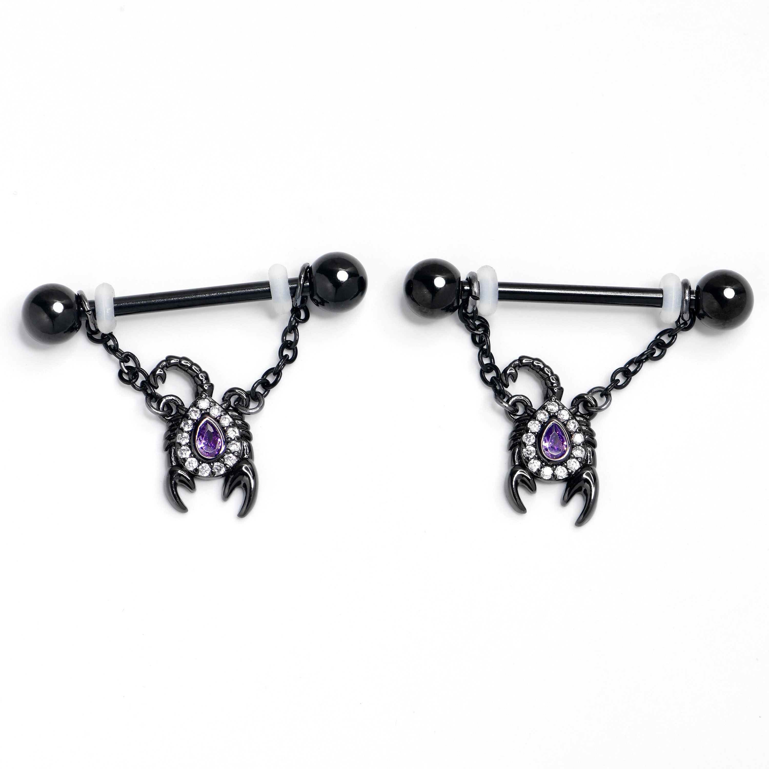 14G 9/16 Purple Gem Black Goth Scorpion Dangle Nipple Ring Set - Night Bloom Digital Empire Studios
