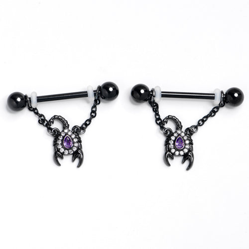 14G 9/16 Purple Gem Black Goth Scorpion Dangle Nipple Ring Set - Night Bloom Digital Empire Studios