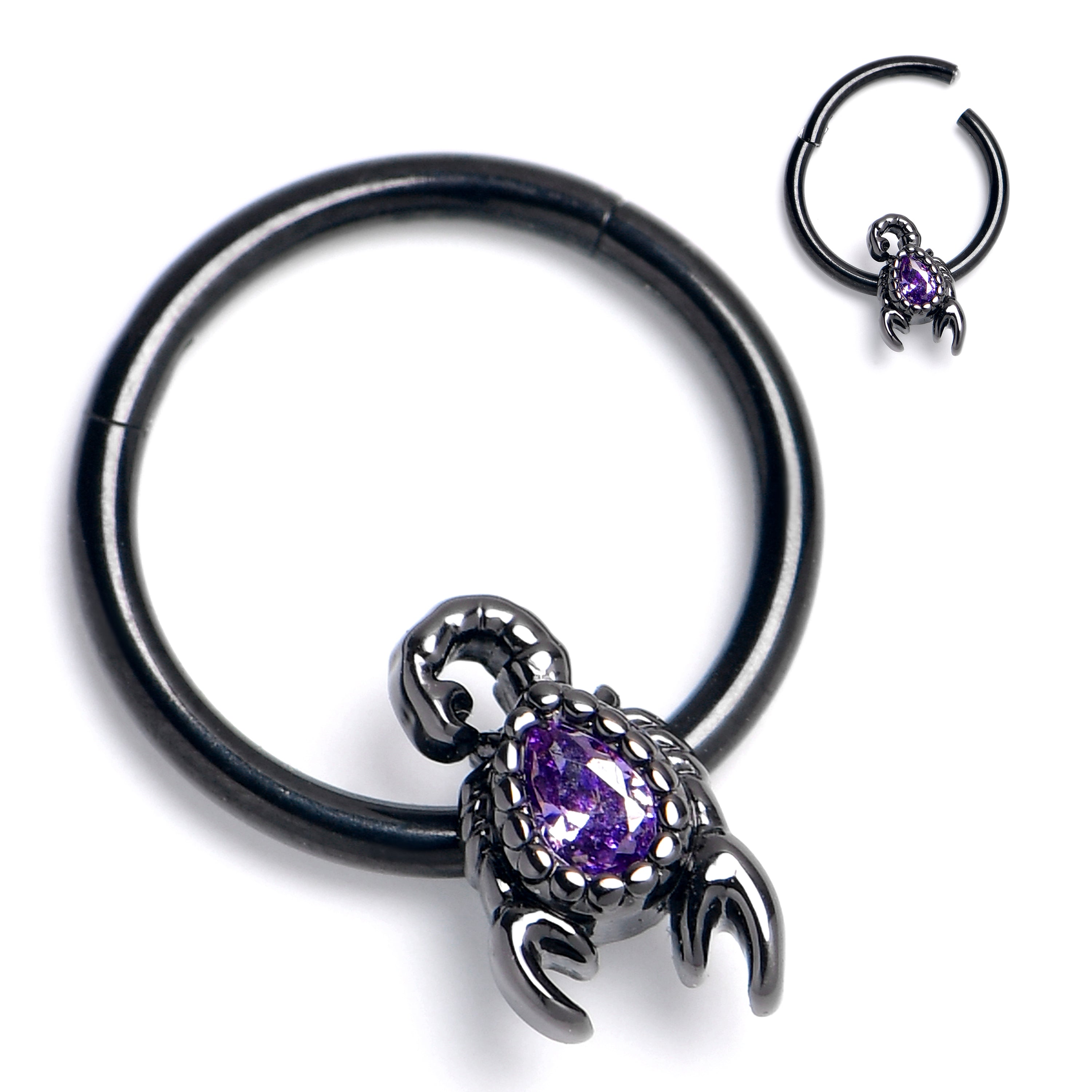 16G 3/8 Purple Gem Black Goth Scorpion Hinged Segment Ring - Night Bloom Digital Empire Studios