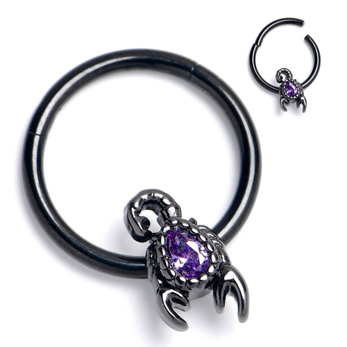 16G 3/8 Purple Gem Black Goth Scorpion Hinged Segment Ring - Night Bloom Digital Empire Studios