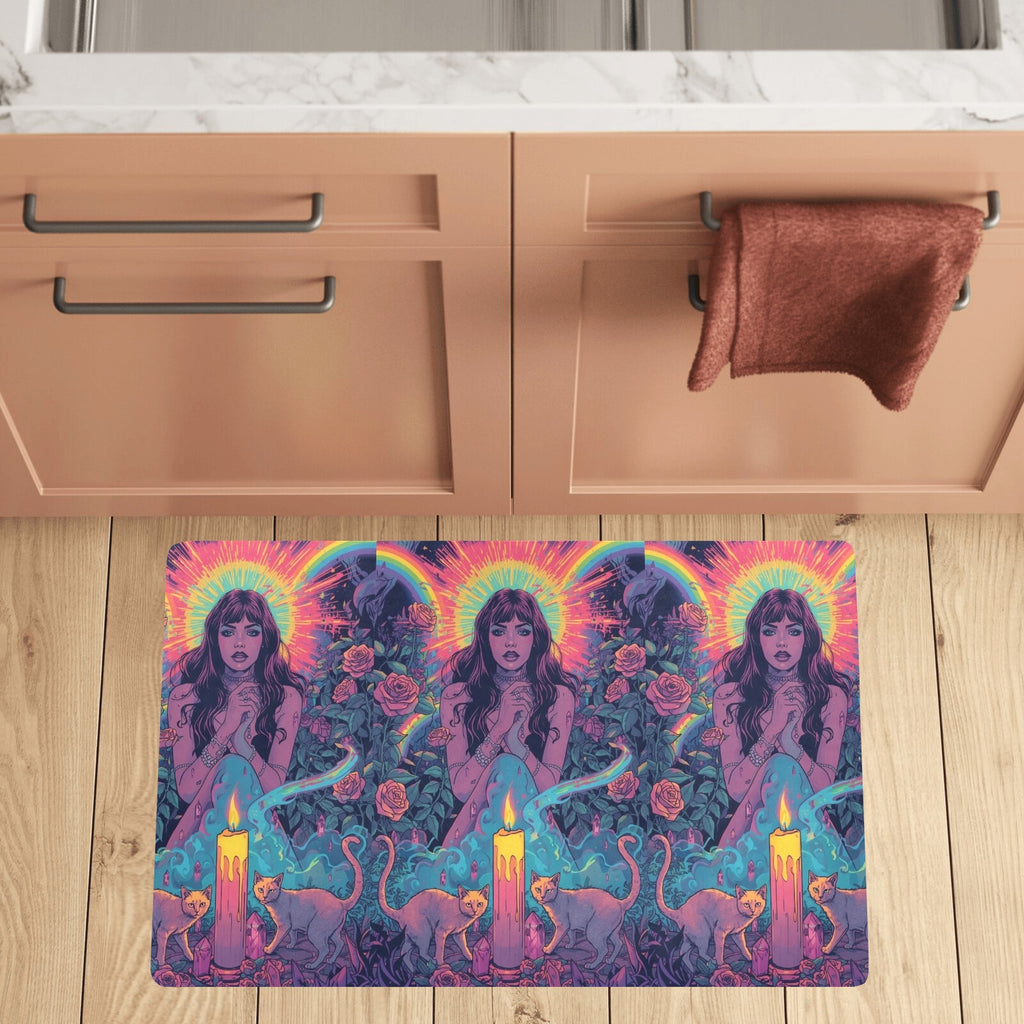 “Ultra‑detailed hyper‑saturated rainbow illustration of Lilith with two glowing cats prowling at her feet in a candlelit enchanted garden, rainbow roses exploding in color, floating neon rainbow crystals, rain (12)