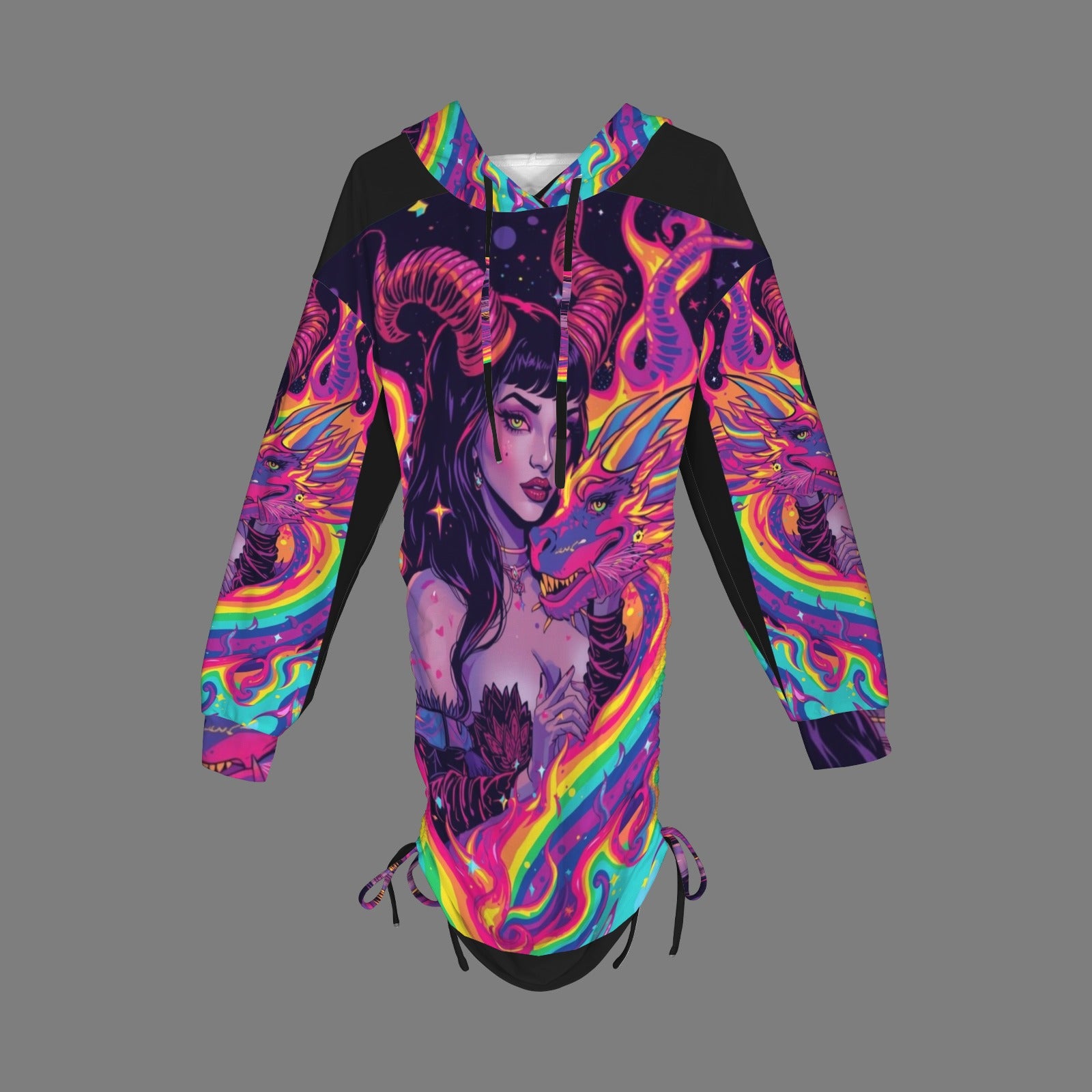 Trippy Rainbow Dragon Goddess Gothic Style Hoodie Dress 18