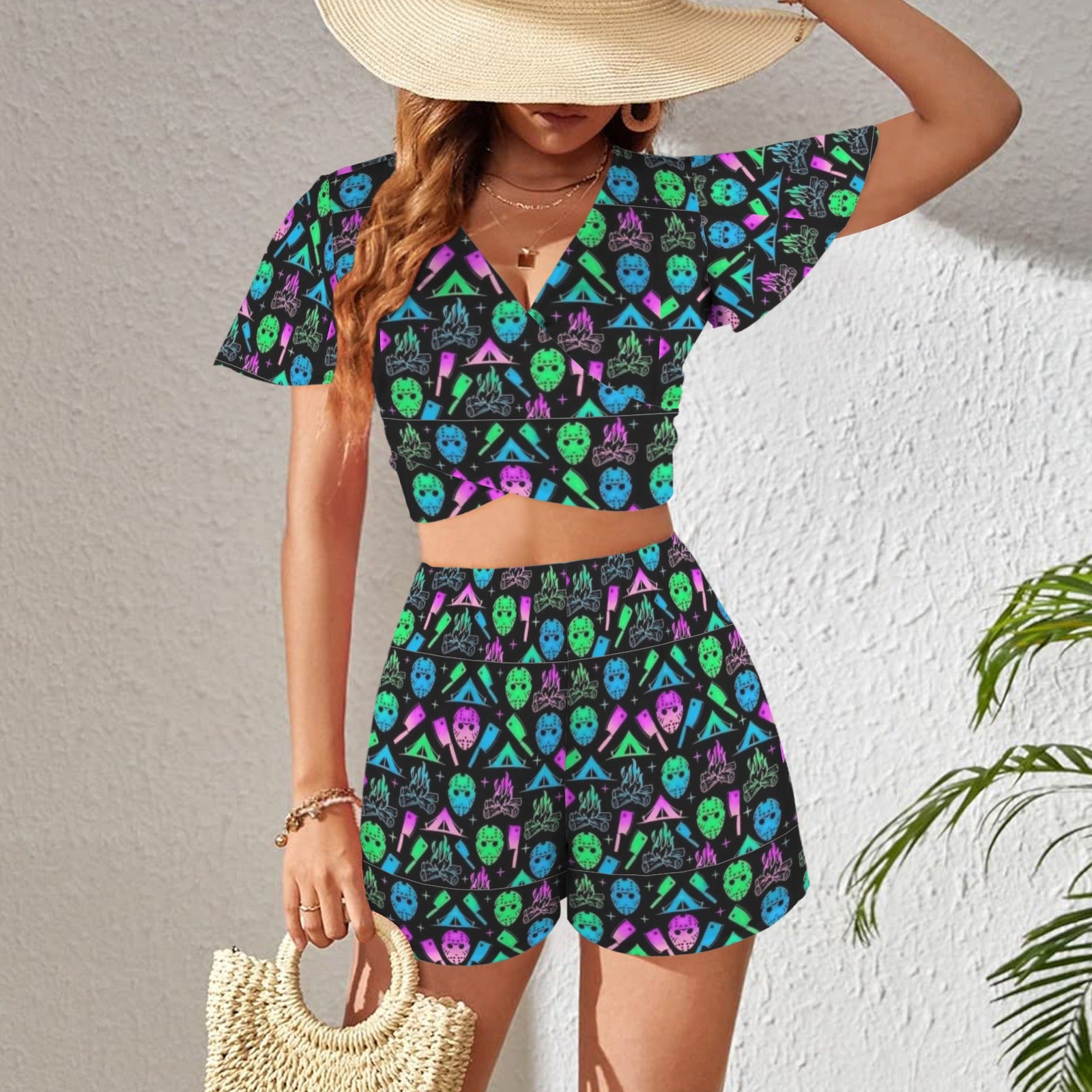 Gothic Jason Print 2 Peice Shorts Outfit Set