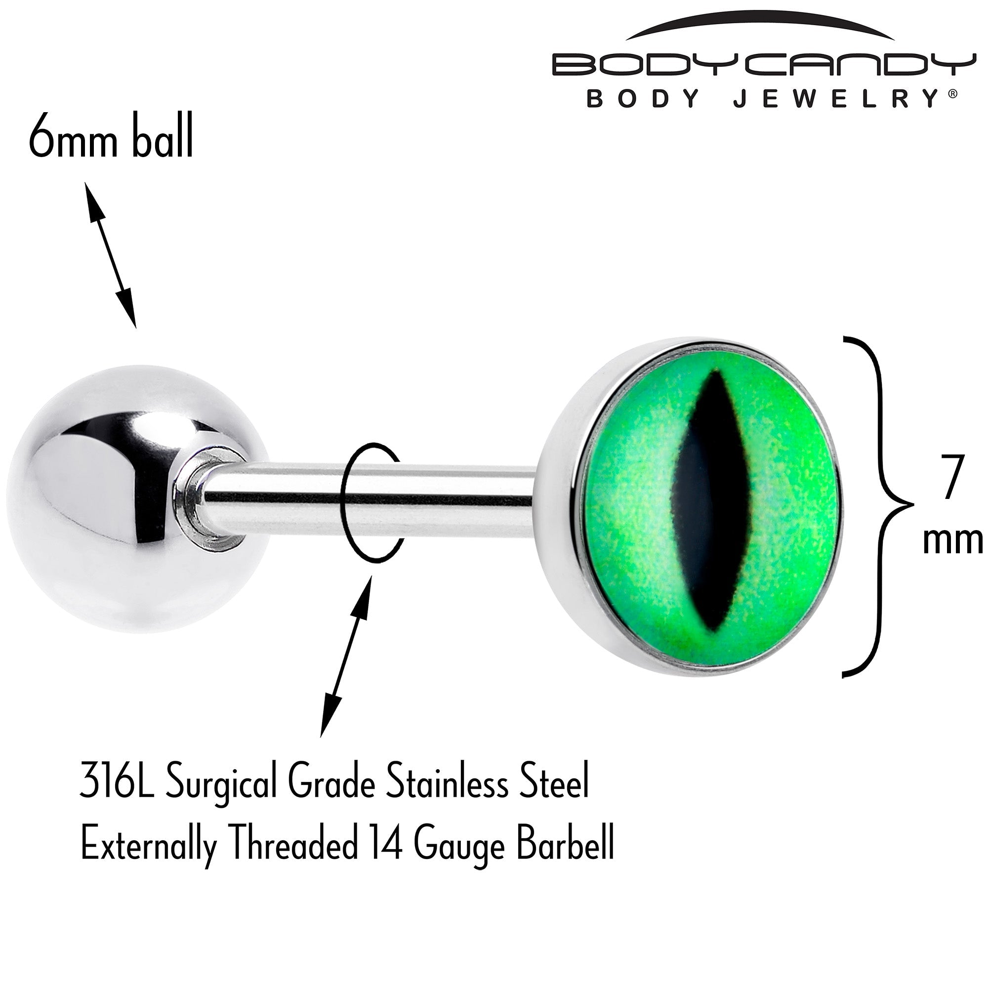 Kitty Green Eye UV Reactive Barbell Tongue Ring - Night Bloom Digital Empire Studios
