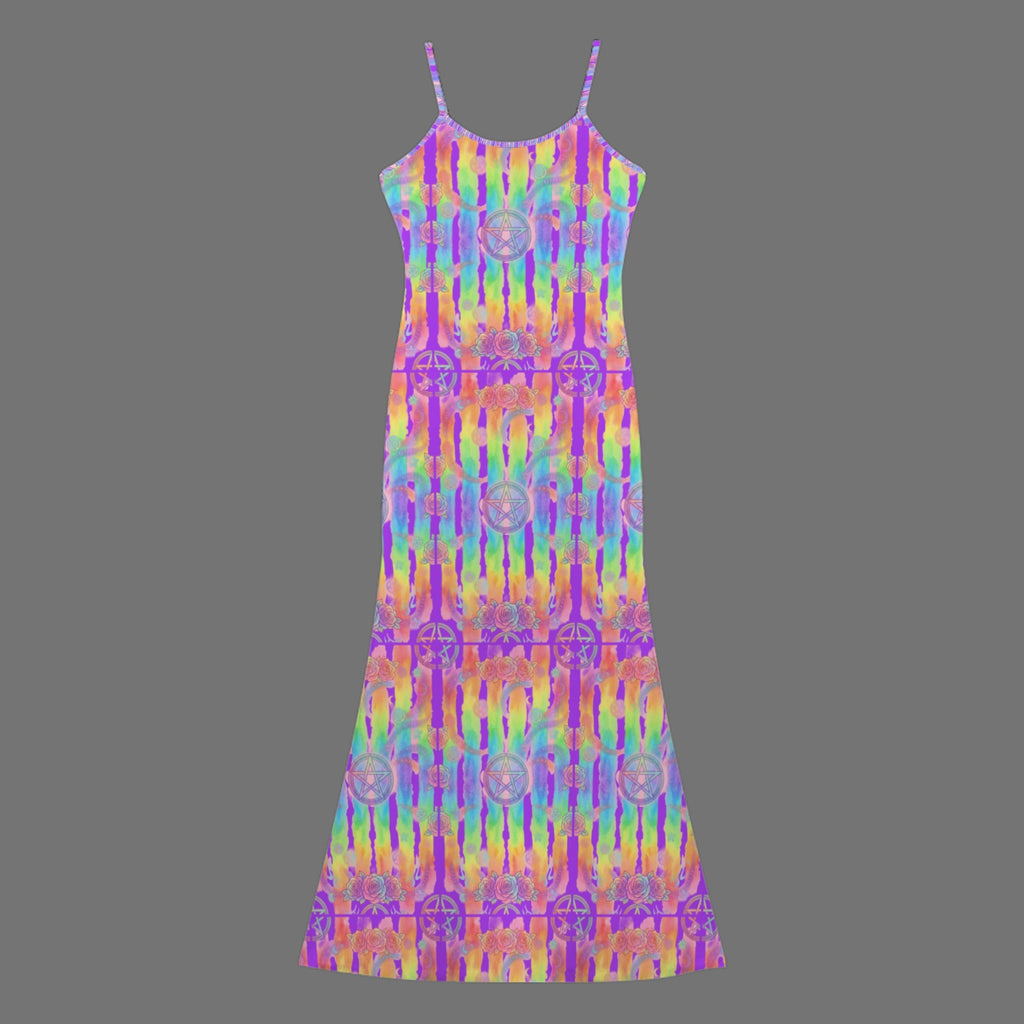 Gothic neon  print long sleevless slip maxi dress - Night Bloom Digital Empire Studios