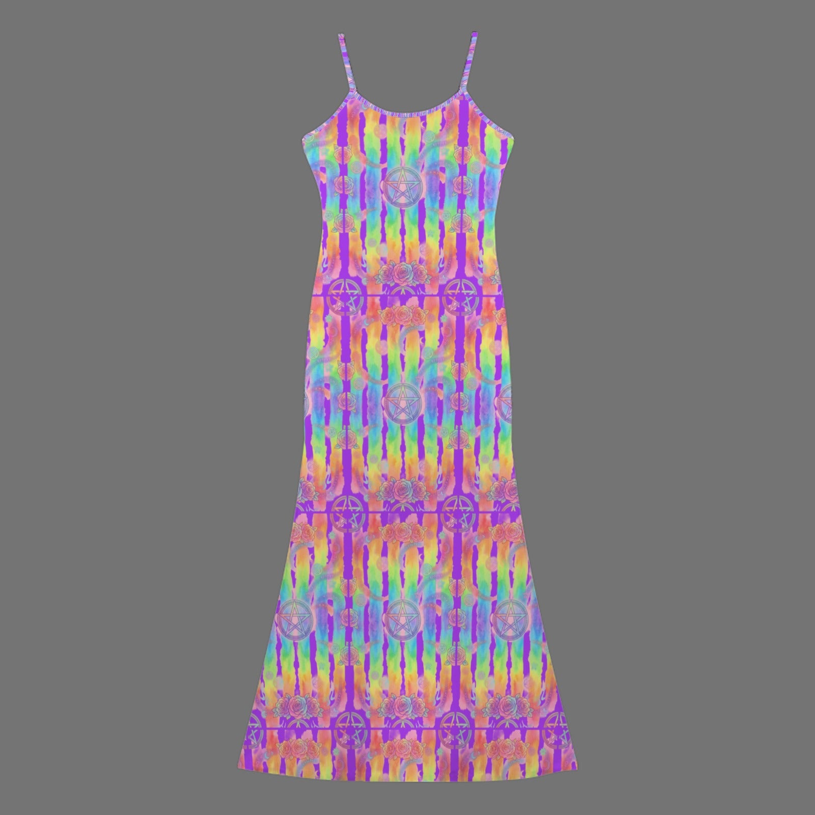 Gothic neon  print long sleevless slip maxi dress