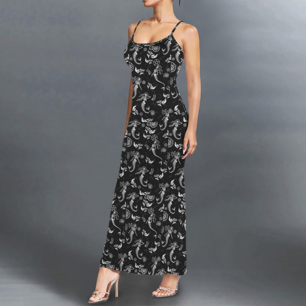 Gothicmermaid skreletons print long sleevless slip maxi dress