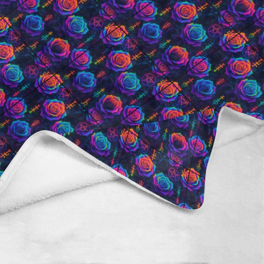 SSeamless repeating textile pattern, tessellated grid layout, rainbow tie-dye gradient roses layered
