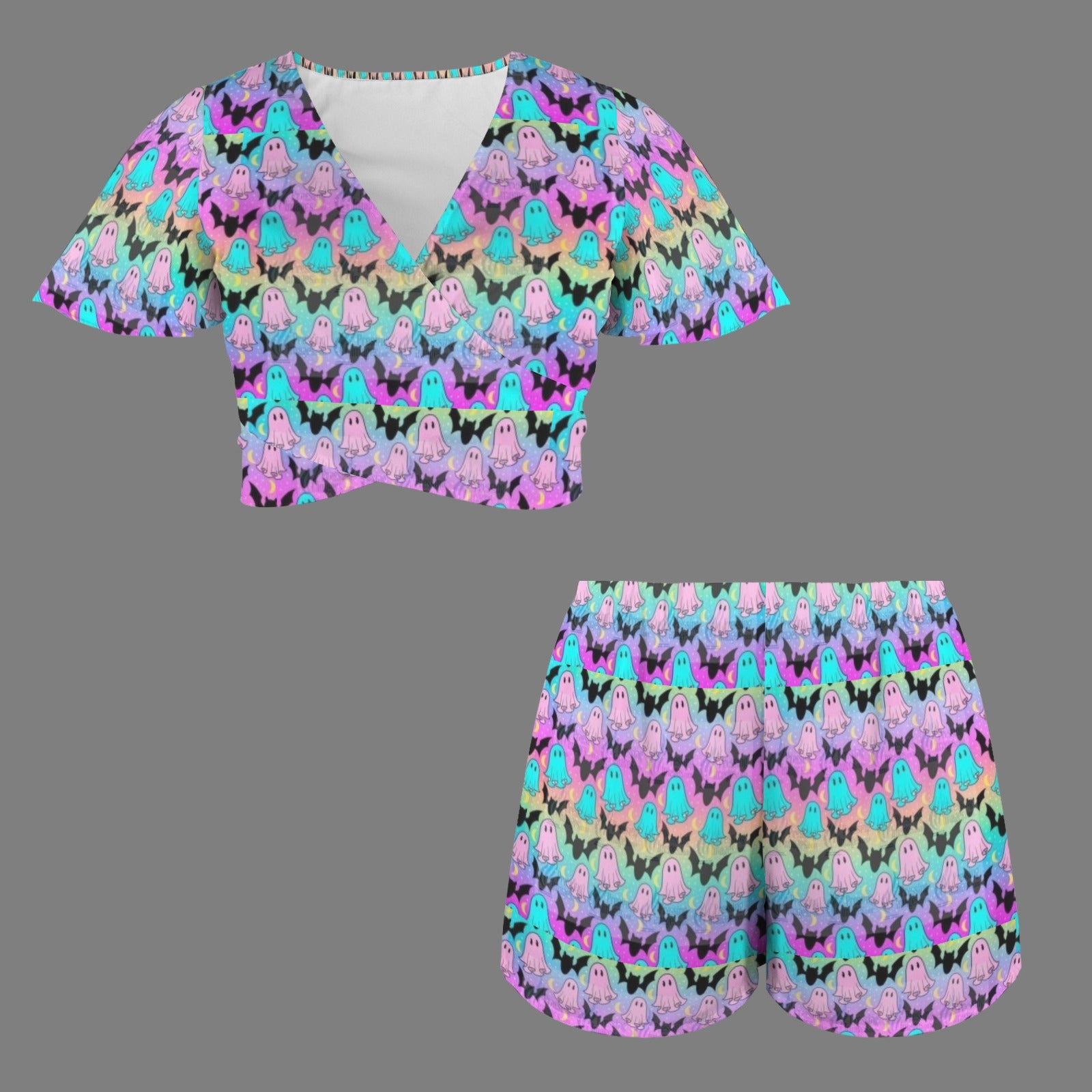 Cute Gothic Bats and Ghosts 2 Peice Shorts Outfit Set