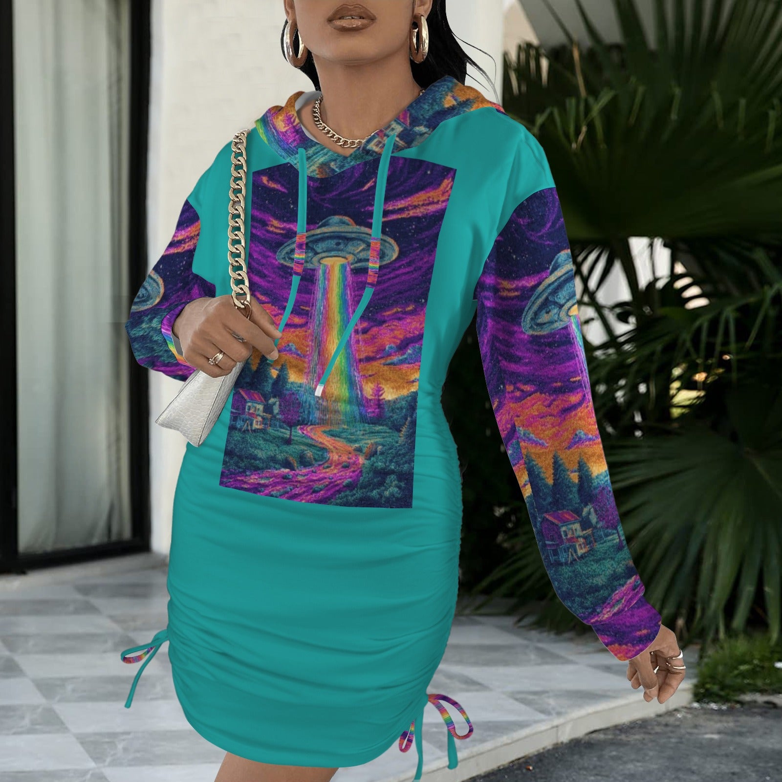 Trippy Rainbow UFO Alien Gothic Style Hoodie Dress