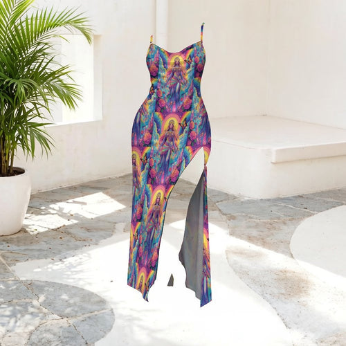 Colorful Goddess Sexy Gothic Silk Slip Dress With Thigh Slit 2