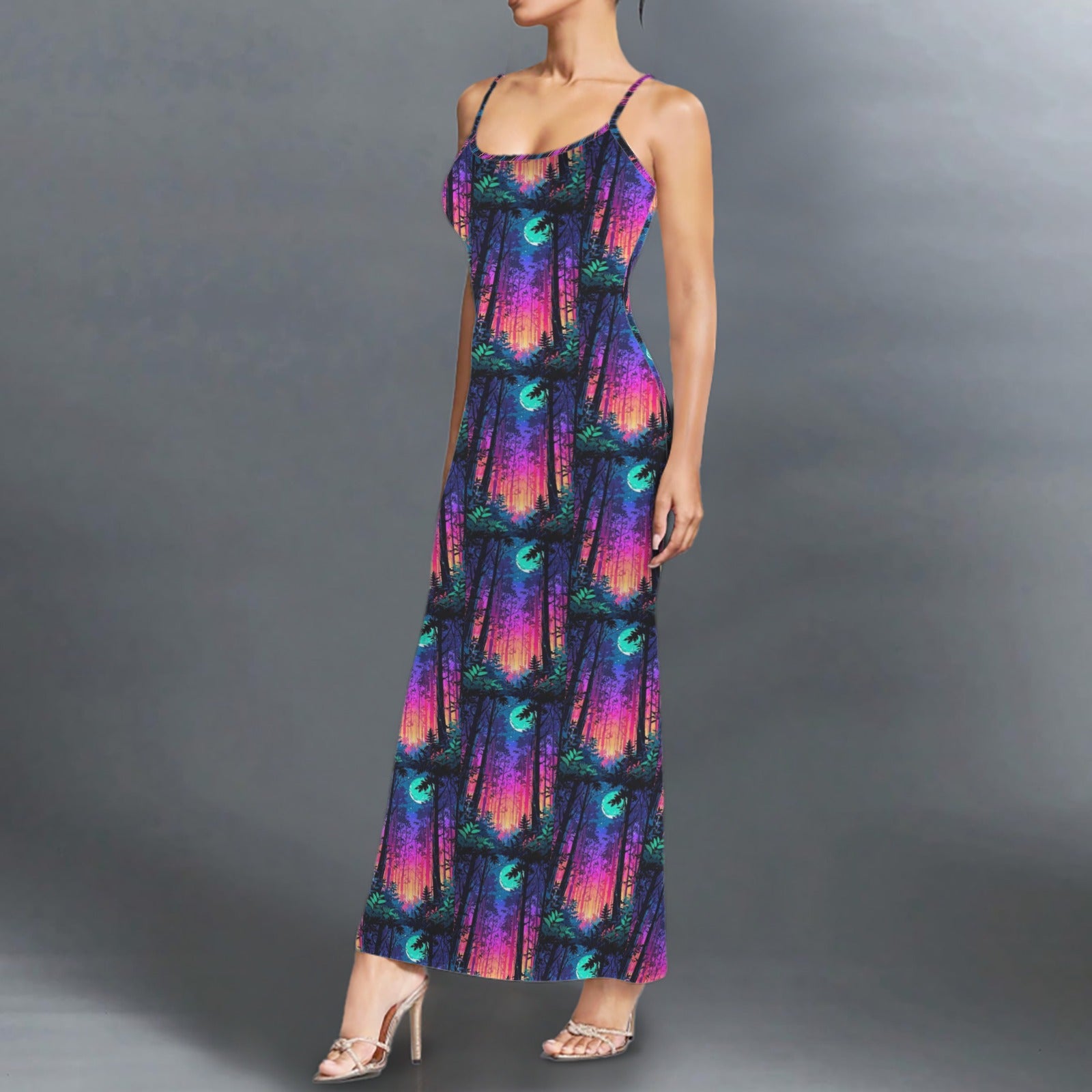 Gothic neon sky print long sleevless slip maxi dress