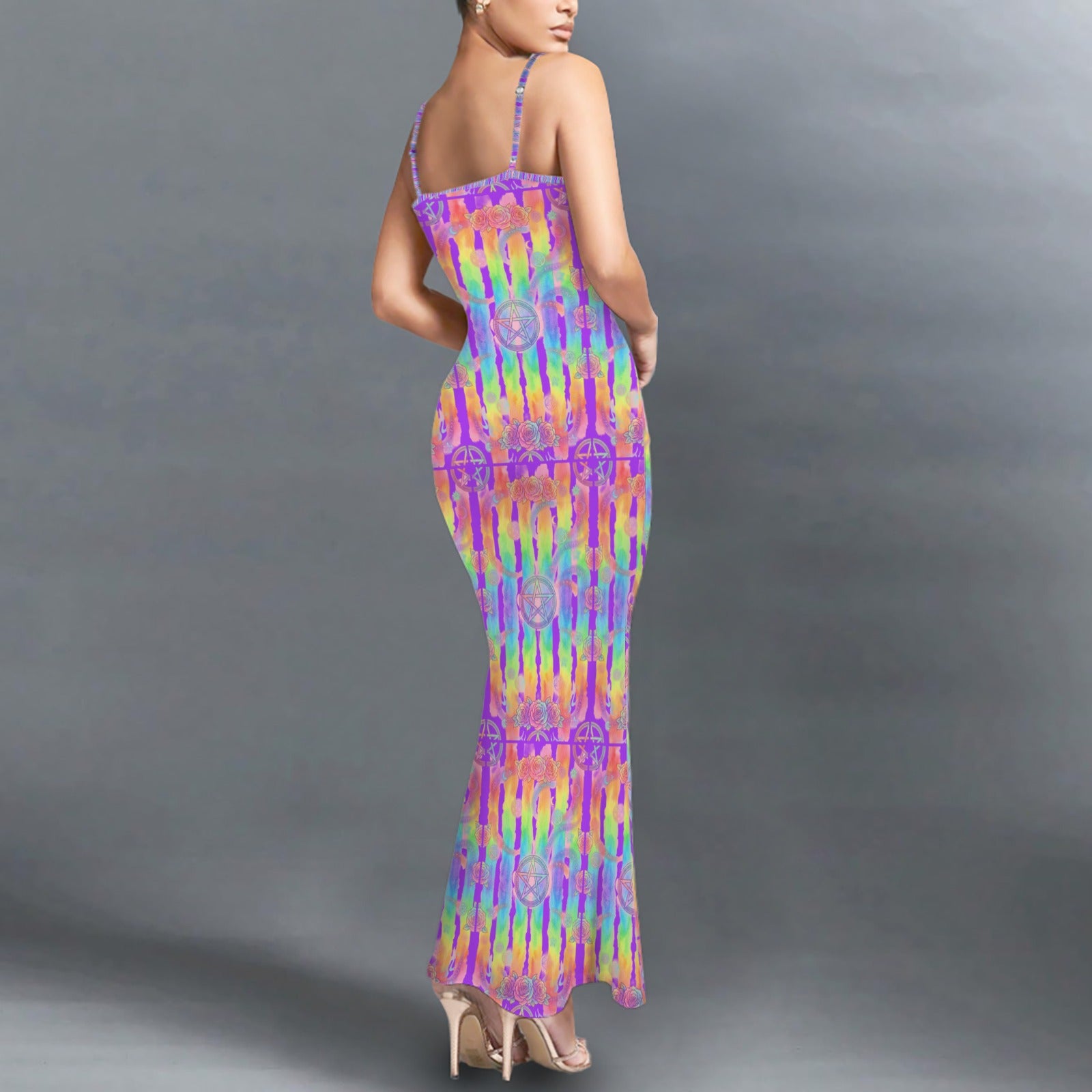 Gothic neon  print long sleevless slip maxi dress - Night Bloom Digital Empire Studios