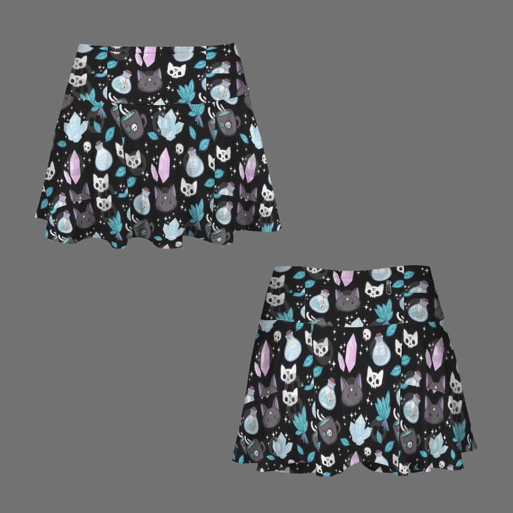 Gothic Kitty Crystal Witch Print Pleated Mini Skort
