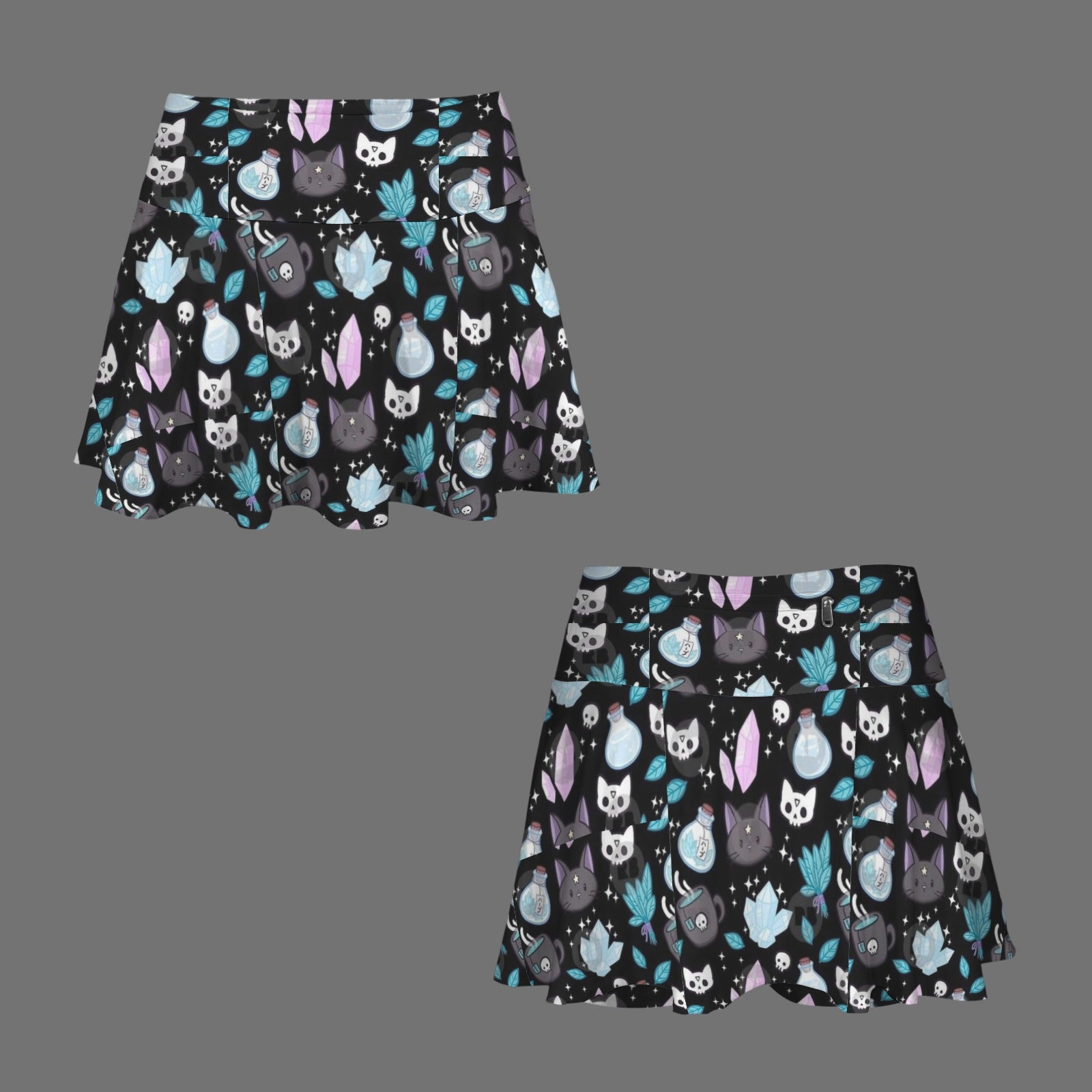 Gothic Kitty Crystal Witch Print Pleated Mini Skort