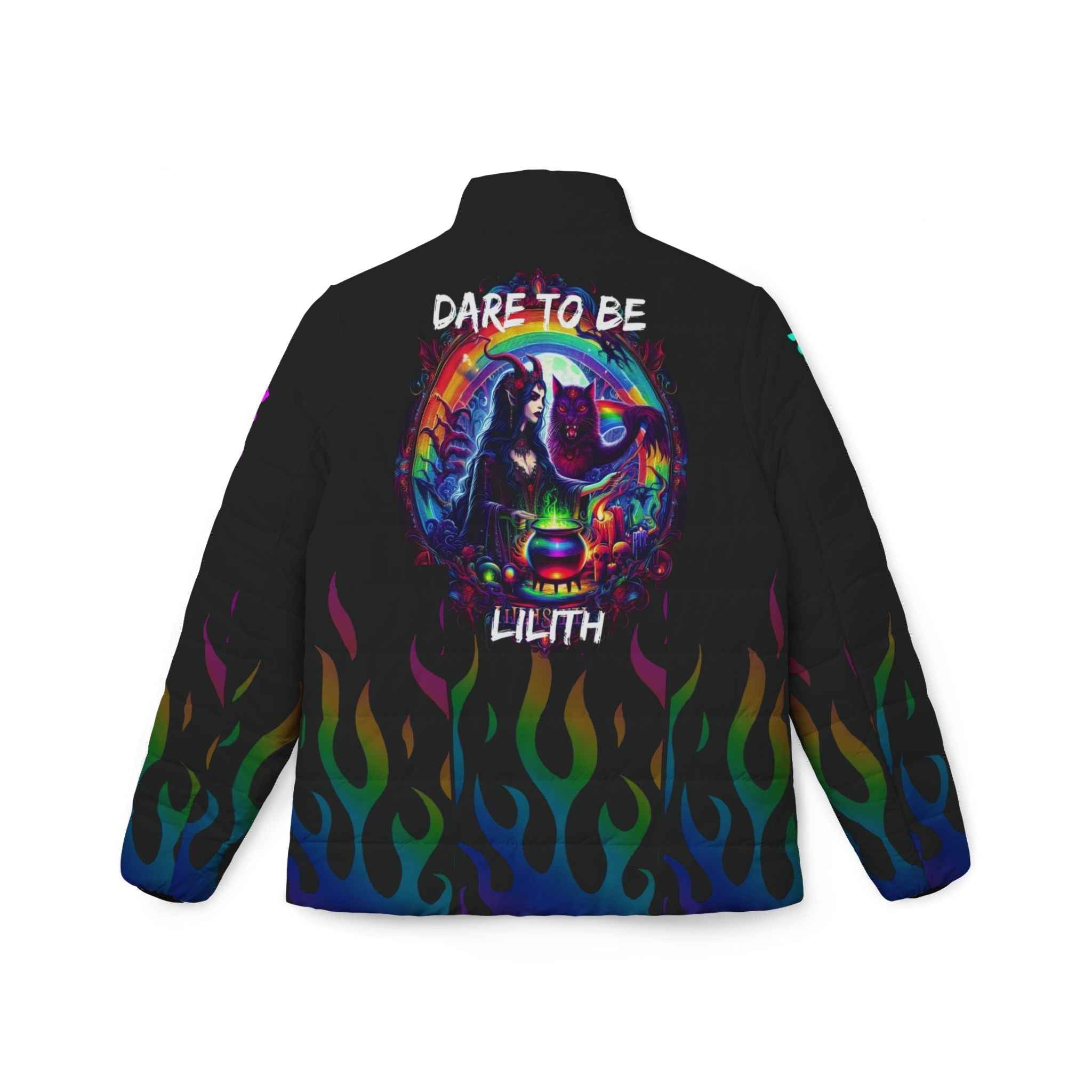 Women’s Puffer Jacket — "Embrace Your Inner Lilth" Rainbow Flame All-Over Print
