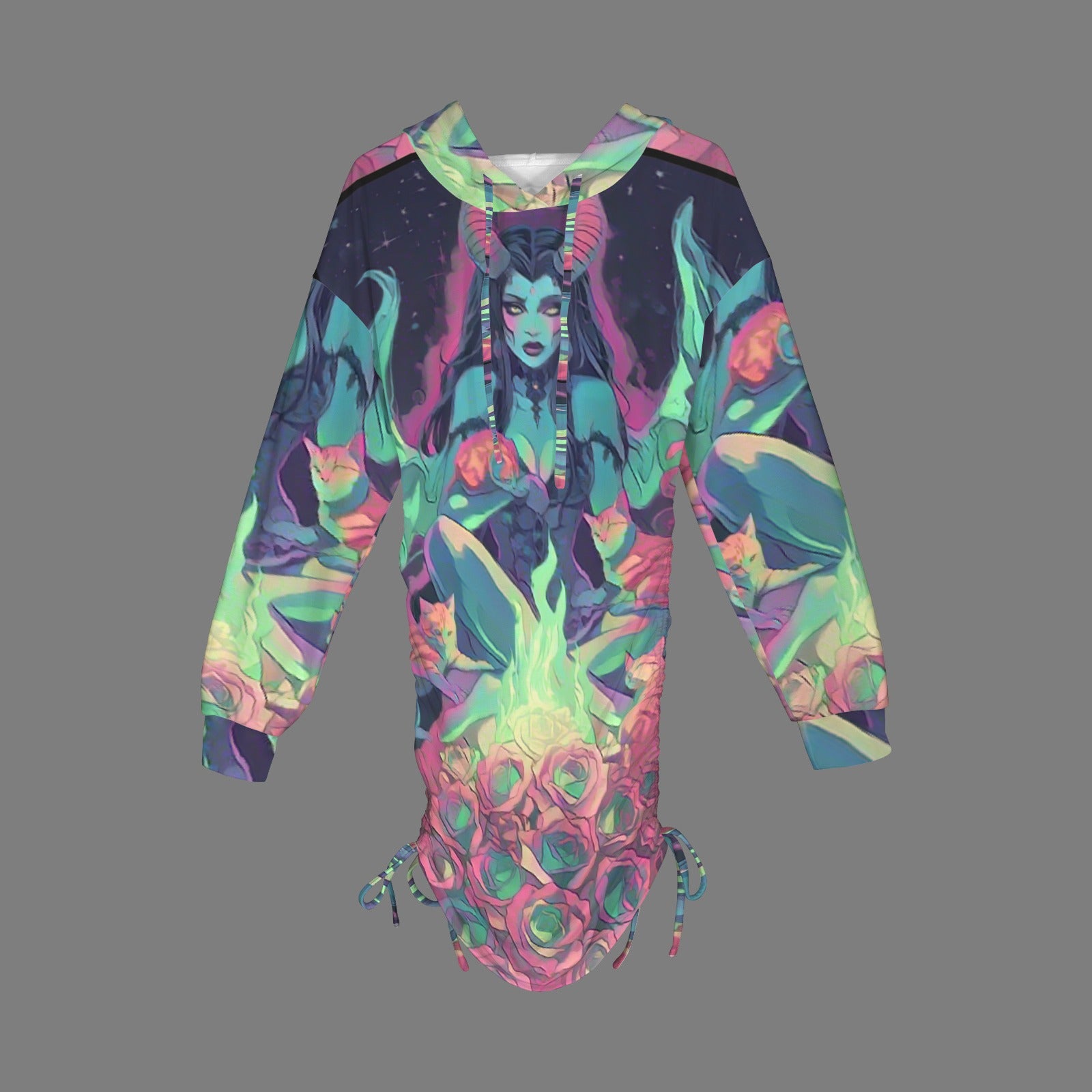 Trippy Rainbow Dragon Goddess Gothic Style Hoodie Dress 3
